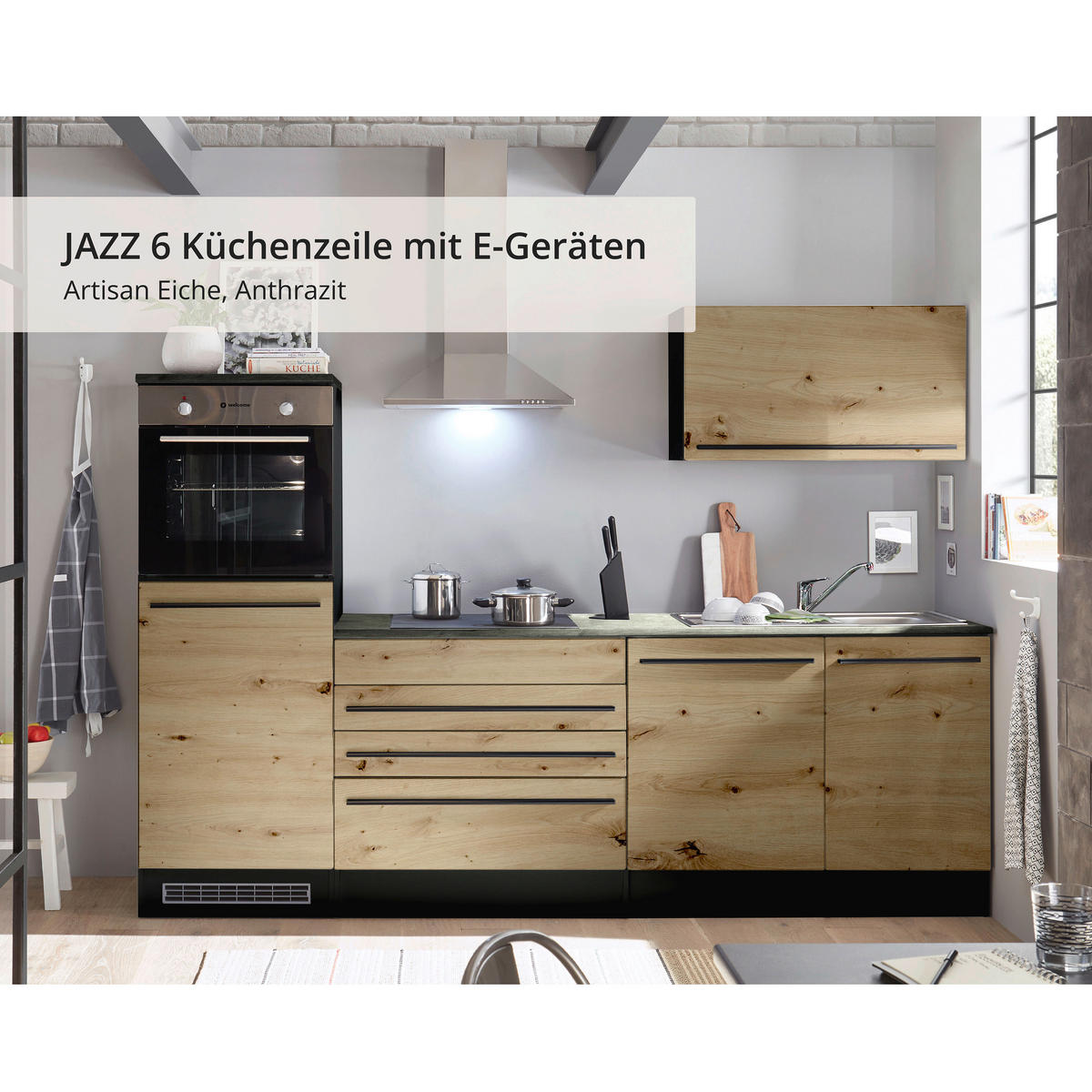 ECKKÜCHE 260/175 cm  in Anthrazit, Eiche Artisan  - Anthrazit/Schwarz, KONVENTIONELL, Holzwerkstoff/Kunststoff (260/175cm) - MID.YOU