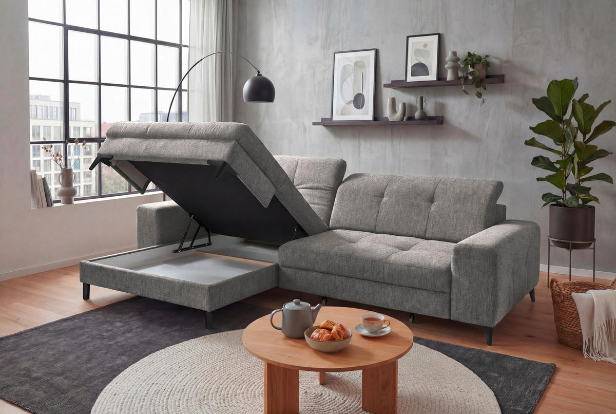 ECKSOFA Chenille Grau  - Schwarz/Grau, Design, Kunststoff/Textil (182/328cm) - MID.YOU