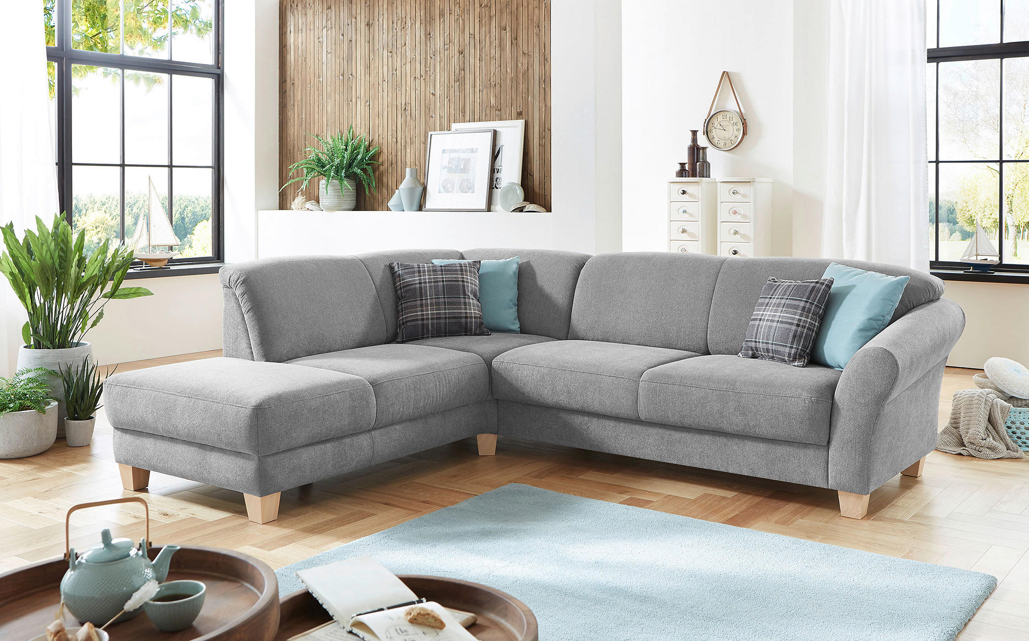 ECKSOFA in Flachgewebe Silberfarben  212/257 cm  - Silberfarben/Naturfarben, KONVENTIONELL, Holz/Textil (212/257cm) - Sit & More