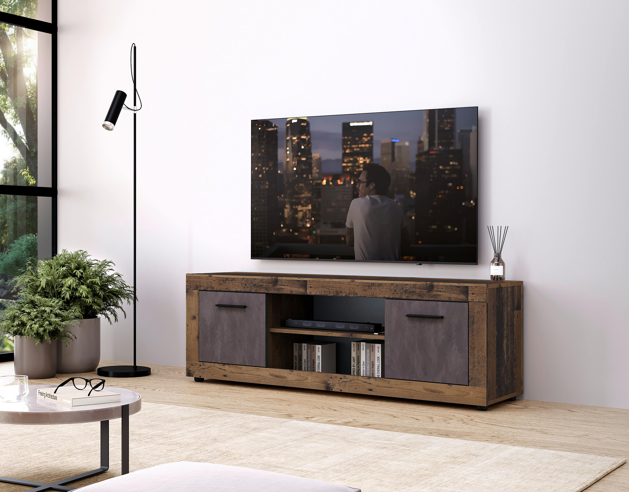 KOMODA - NISKA 140/48/40 cm antracit, stari hrast - stari hrast/crna, Design, drvni materijal/plastika (140/48/40cm) - MID.YOU