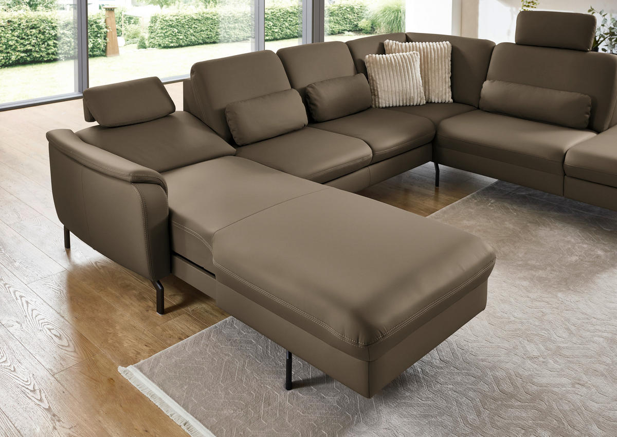 WOHNLANDSCHAFT Echtleder Graubraun  - Graubraun/Schwarz, Konventionell, Leder/Metall (168/306/224cm) - Beldomo Premium
