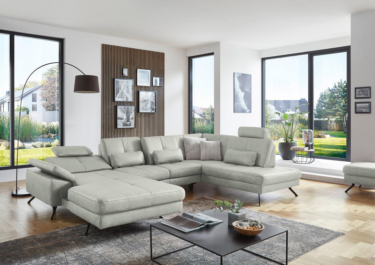 WOHNLANDSCHAFT in Lederlook, Mikrofaser Hellgrau  - Hellgrau/Schwarz, Design, Textil/Metall (179/343/220cm) - Beldomo System