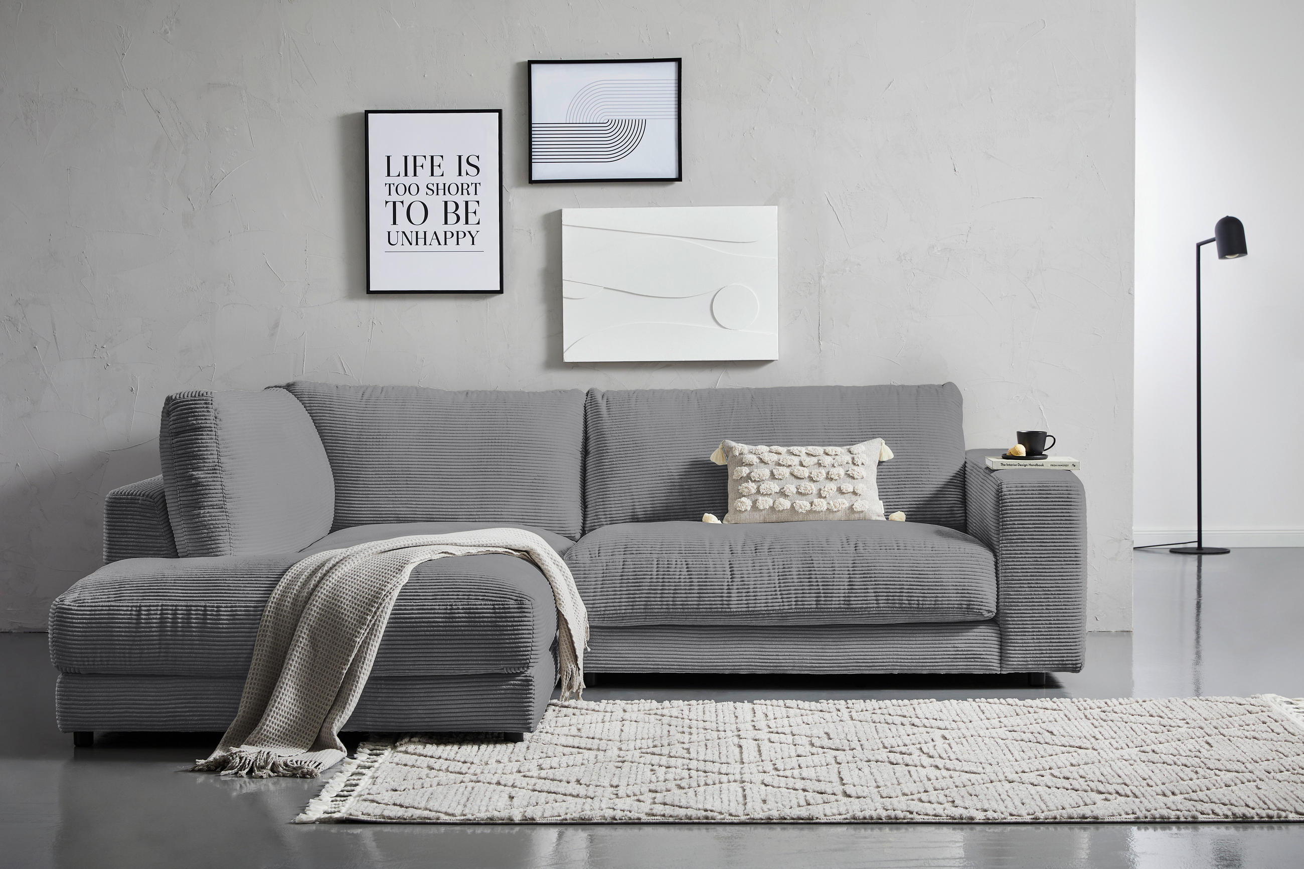 Thumbnail - Hom`in Ecksofa, Dunkelgrau, Textil, 4-Sitzer, Füllung: Schaumstoff, Federn, Ottomane links, L-Form, 265x224 cm, Blauer E...
