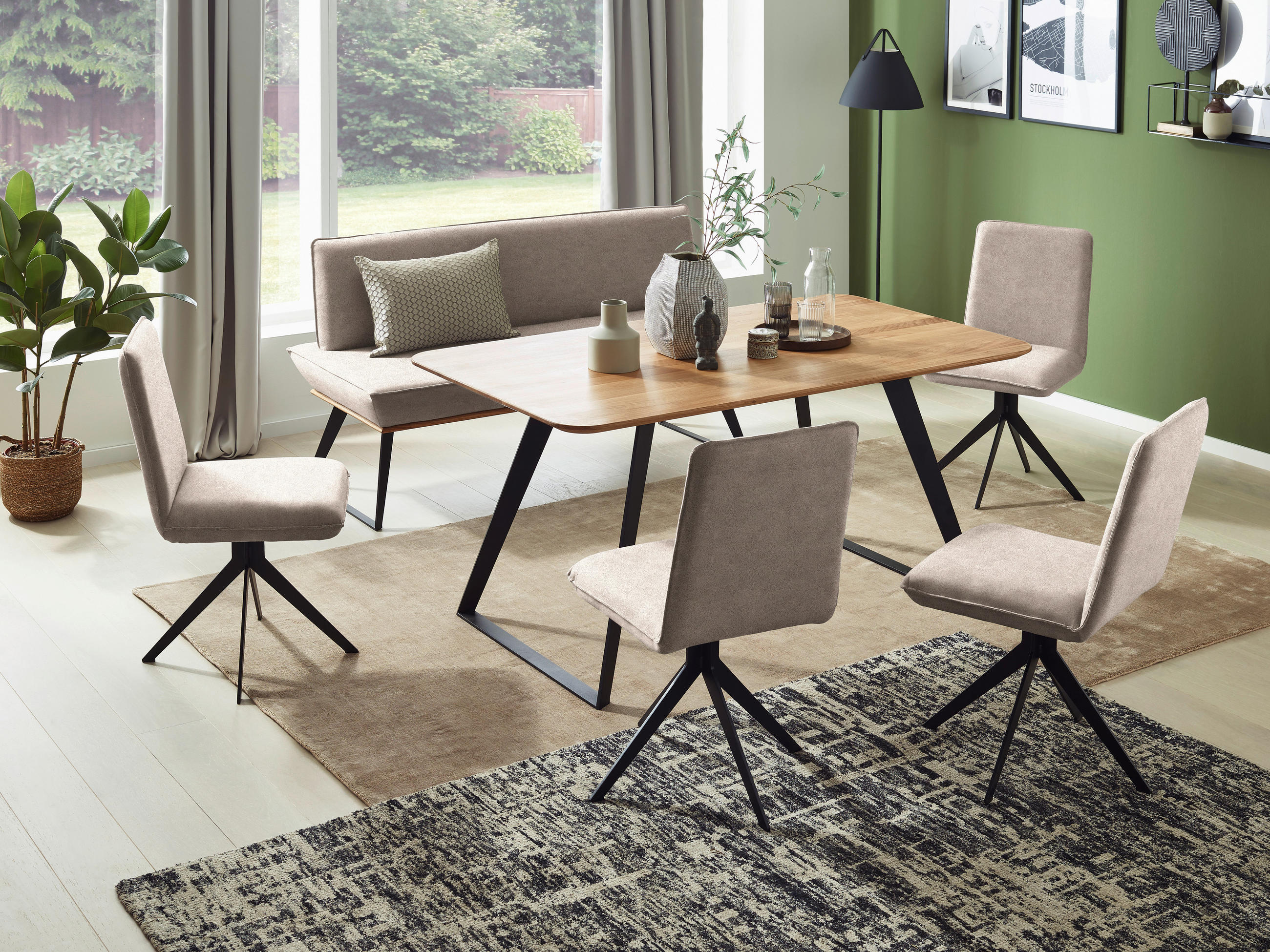 SITZBANK 160/87/64 cm Lederlook Schwarz, Eichefarben, Hellbraun Eiche massiv Metall  - Hellbraun/Eichefarben, Design, Holz/Textil (160/87/64cm) - Voleo