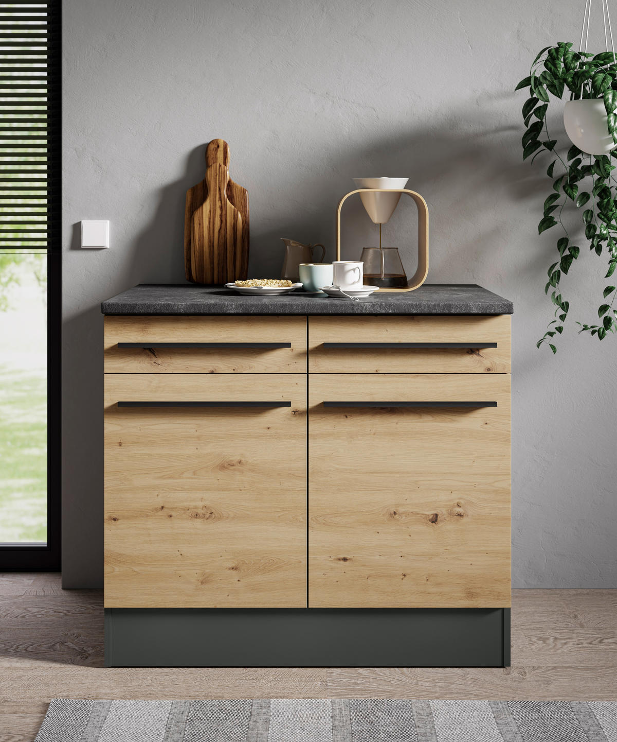 KÜCHENUNTERSCHRANK 100/90/60 cm  in Anthrazit, Eiche Artisan  - Anthrazit/Schwarz, Design, Holzwerkstoff (100/90/60cm) - P & B