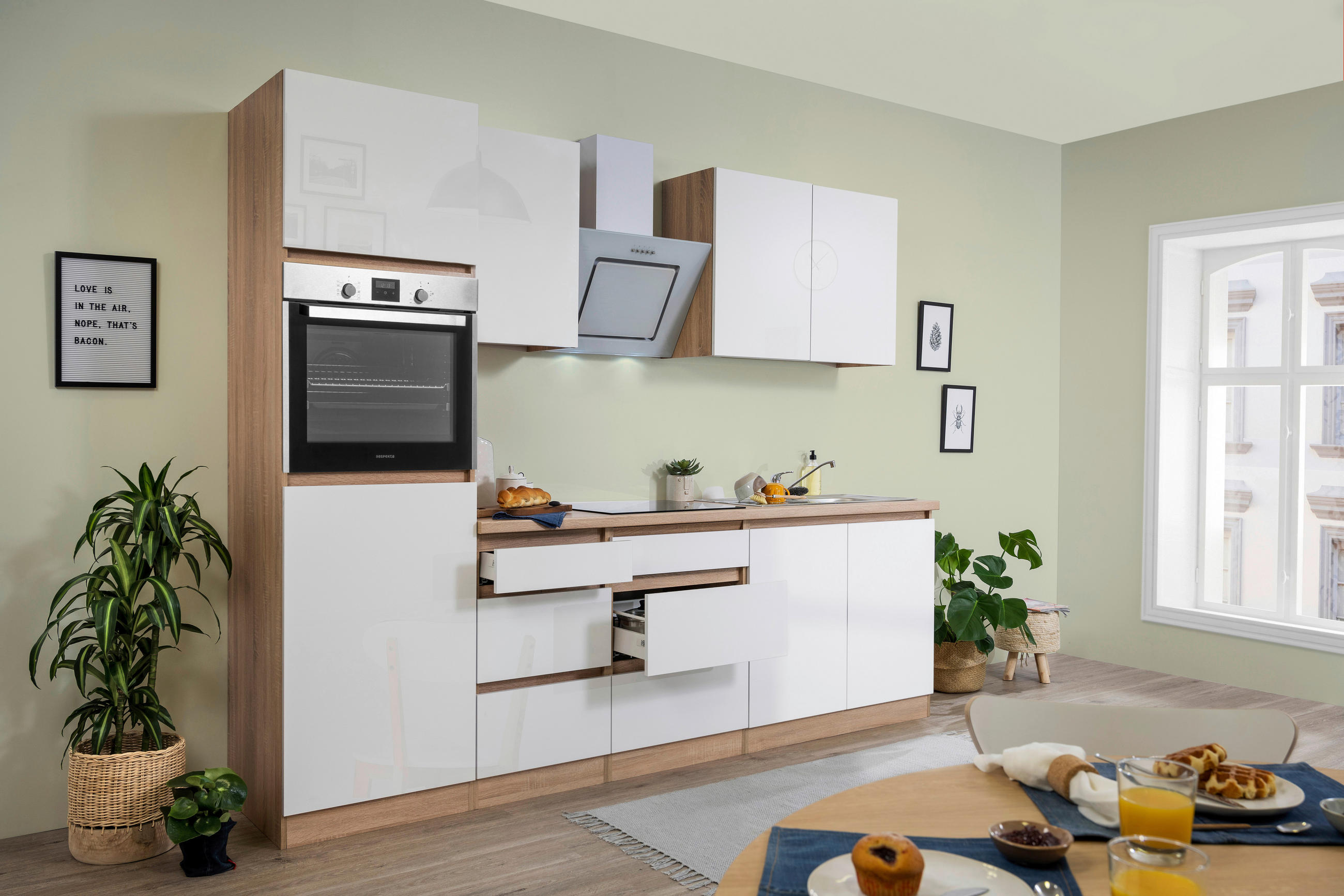 KUCHYŇSKÁ LINKA PREMIUM 270 - bílá/barvy dubu, Moderní, kompozitní dřevo (270cm) - Respekta