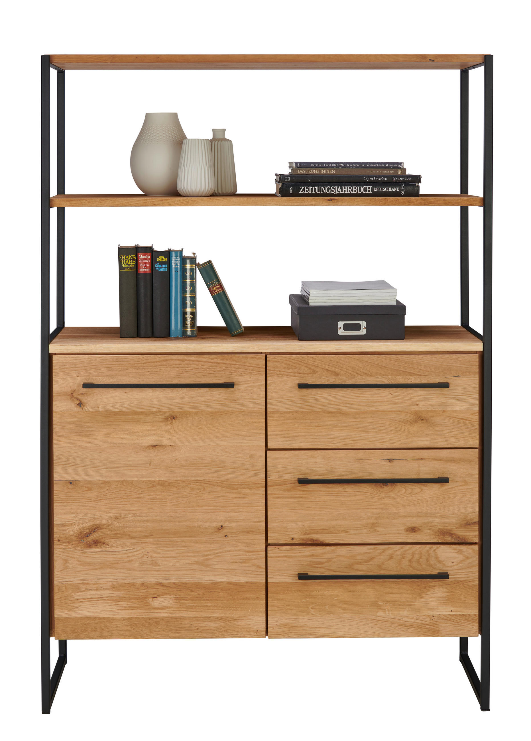 REGAL Eiche massiv Schwarz, Eichefarben  - Eichefarben/Schwarz, Design, Holz/Metall (106/156/44cm) - Lomoco