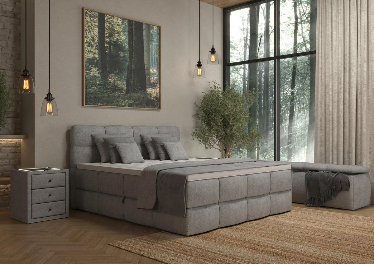 BOXSPRINGBETT 160/200 cm,  in Grau, gepolstertes Kopfteil, Bettkasten, Topper, Matratzen, H3 + H3 = fest  - Schwarz/Grau, Design, Kunststoff/Textil (160/200cm) - Chameo