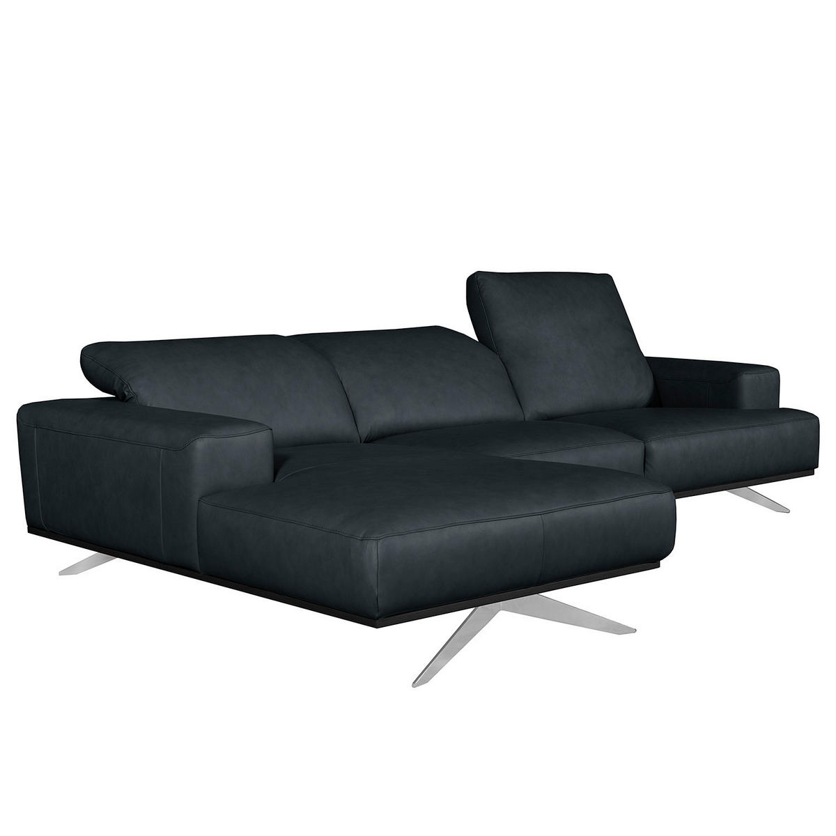 ECKSOFA  in Echtleder Blau Rücken echt, Kopfteilverstellung  187/295 cm  - Chromfarben/Blau, Design, Leder/Metall (187/295cm) - Livetastic