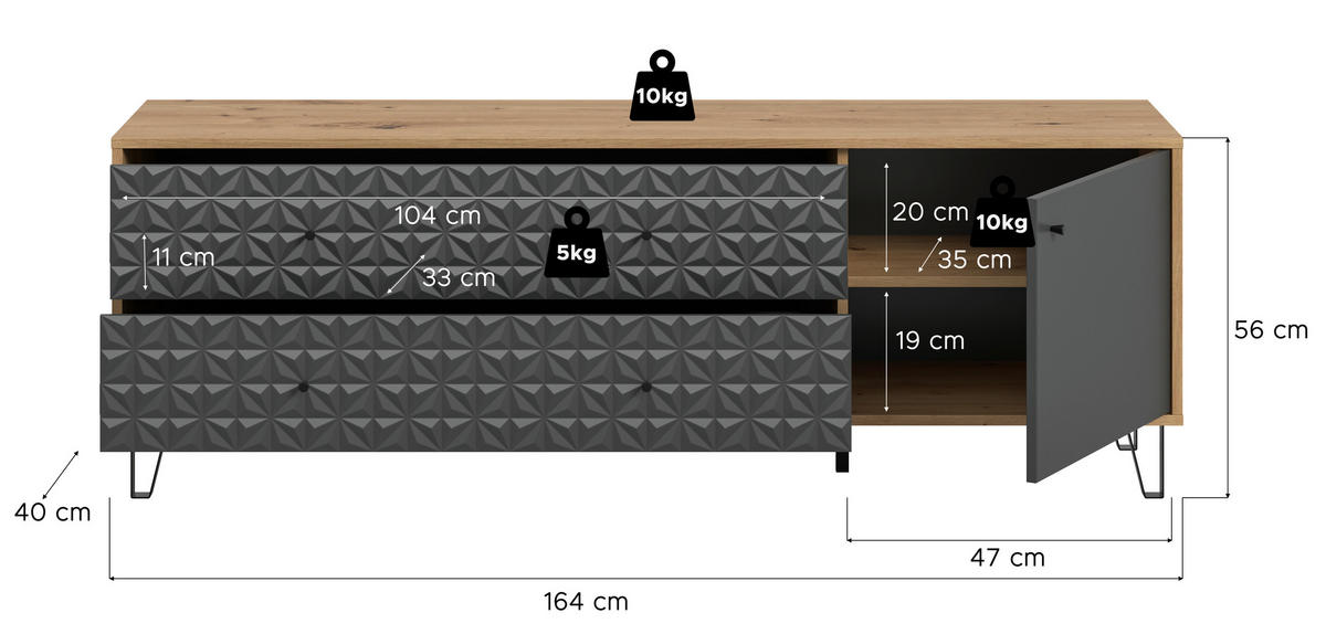 LOWBOARD  in 164/56/40 cm  - Anthrazit/Schwarz, Design, Holzwerkstoff/Kunststoff (164/56/40cm) - Livetastic