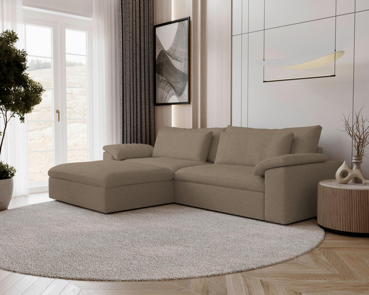 ECKSOFA Flachgewebe Hellbraun  - Hellbraun/Schwarz, Modern, Kunststoff/Textil (198/306cm) - Carryhome