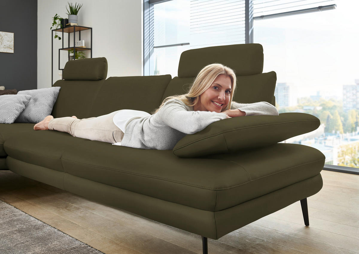ECKSOFA in Echtleder Olivgrün  - Schwarz/Olivgrün, Design, Leder/Metall (180/310cm) - Dieter Knoll