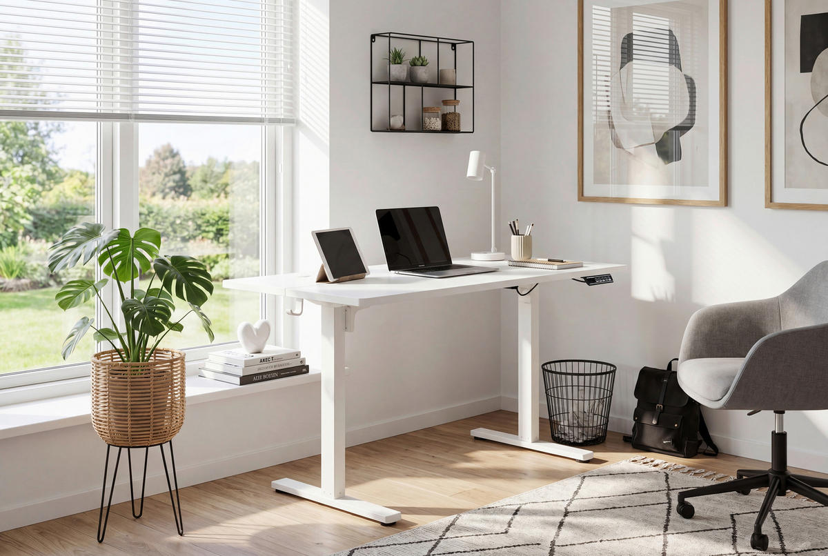 SCHREIBTISCH 140/70/72/118 cm Weiss höhenverstellbar elektrisch höhenverstellbar  - Weiss, Modern, Holzwerkstoff/Metall (140/70/72/118cm) - Livetastic