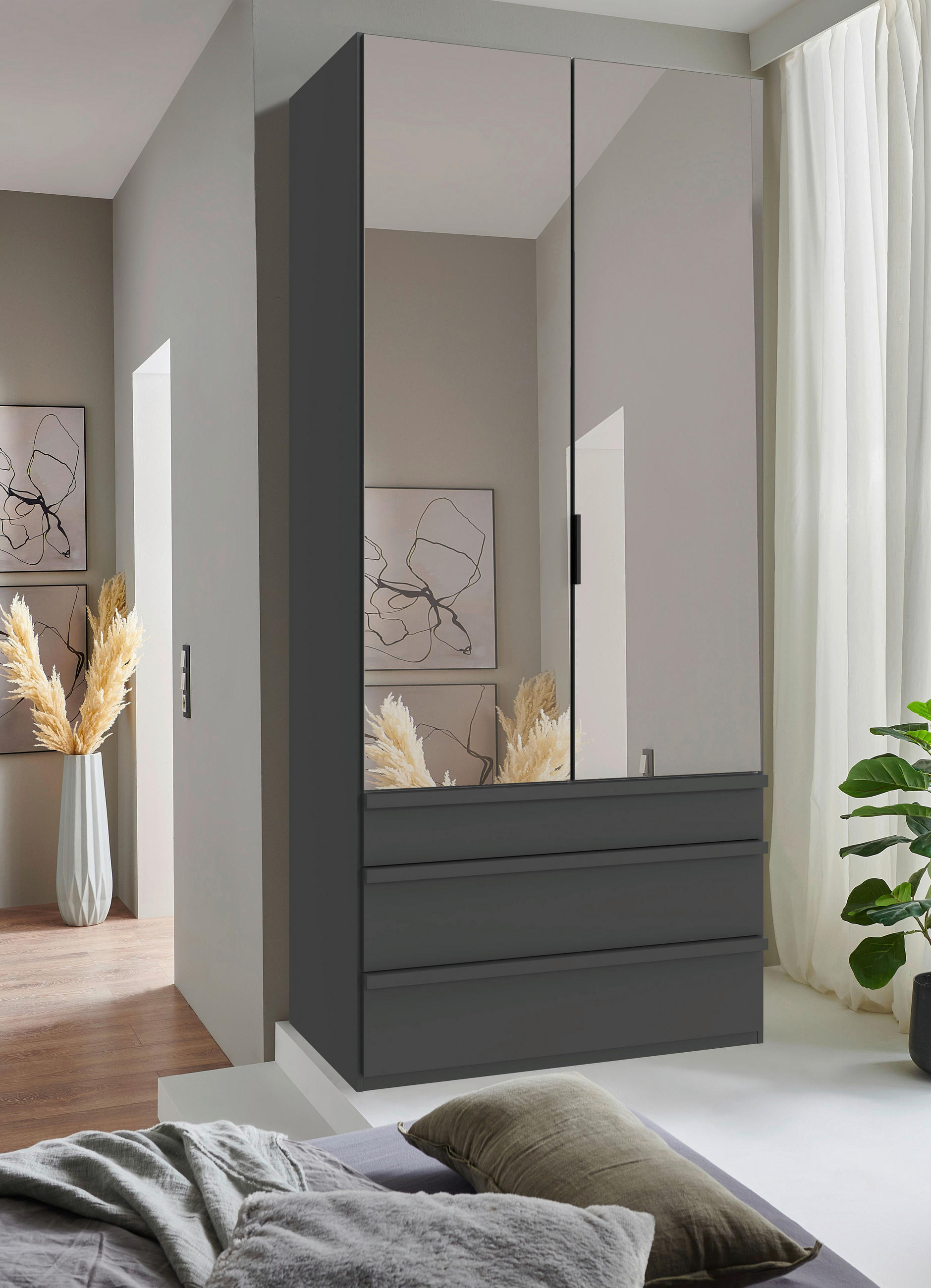 FALTTÜRENSCHRANK in Graphitfarben - Schwarz/Graphitfarben, Design, Glas/Holzwerkstoff (100/236/58cm) - Boxxx