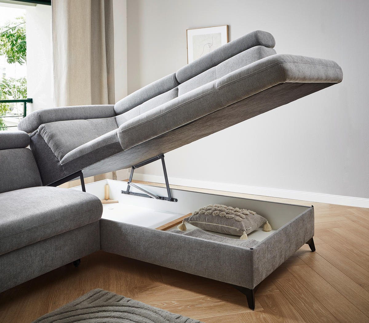 ECKSOFA in Chenille Grau  - Schwarz/Grau, Design, Textil/Metall (203/260cm) - Stylife
