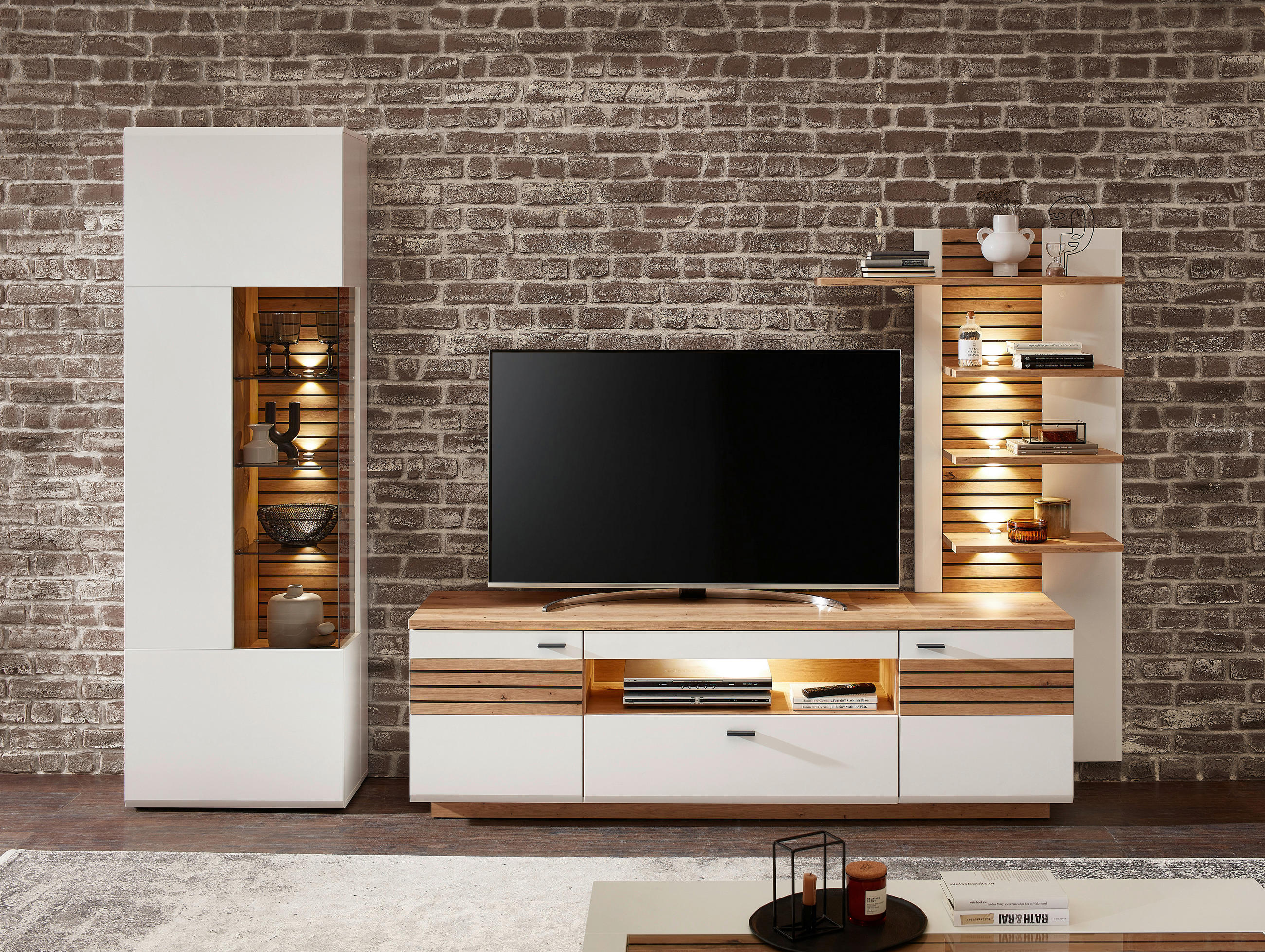 WOHNWAND  in Weiß, Eiche Artisan  296/201/47 cm  - Anthrazit/Weiß, Design, Glas/Holzwerkstoff (296/201/47cm) - Stylife