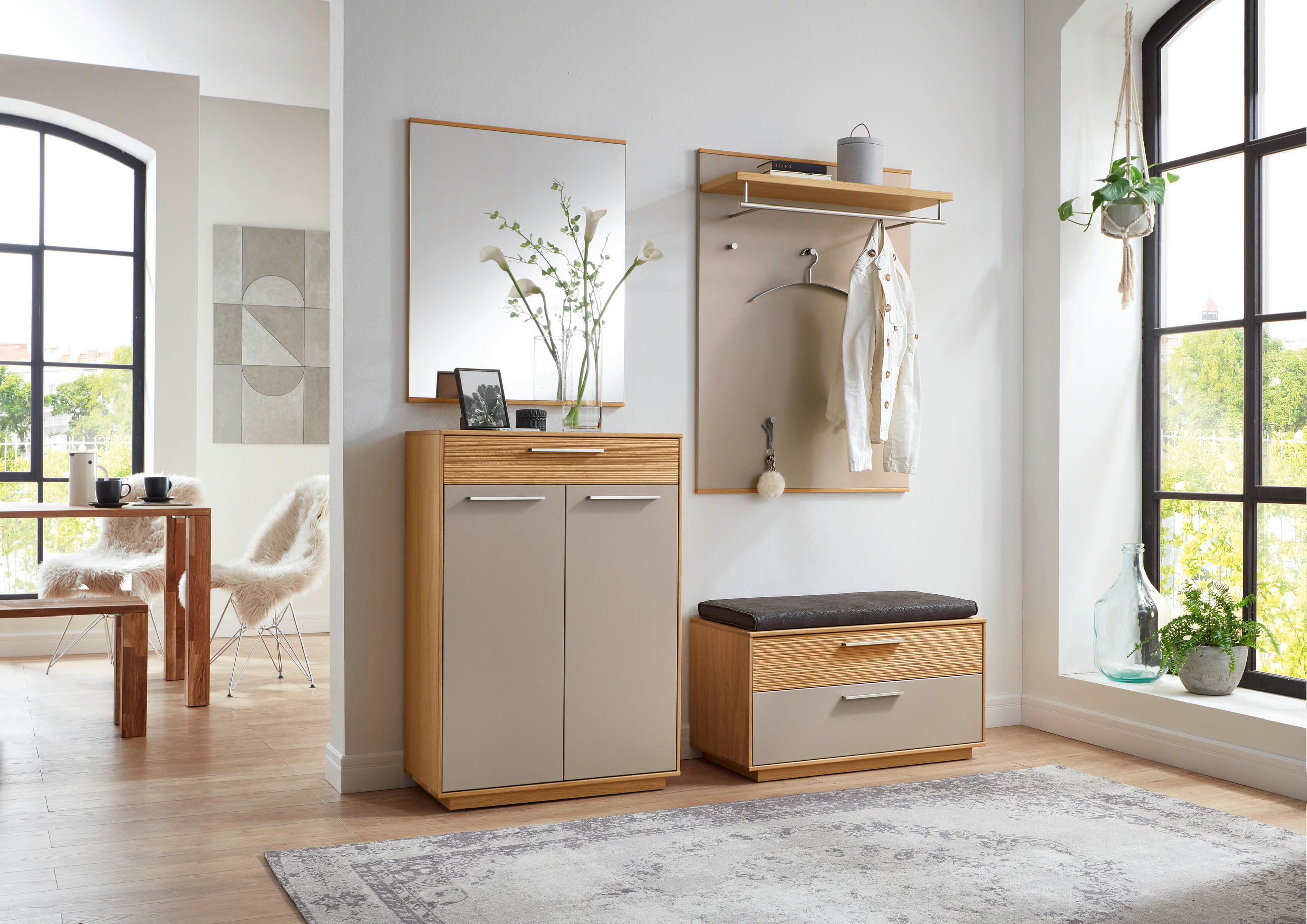 GARDEROBE 5-teilig in 170/195/40 cm - Taupe/Eichefarben, Design, Glas/Holz (170/195/40cm)