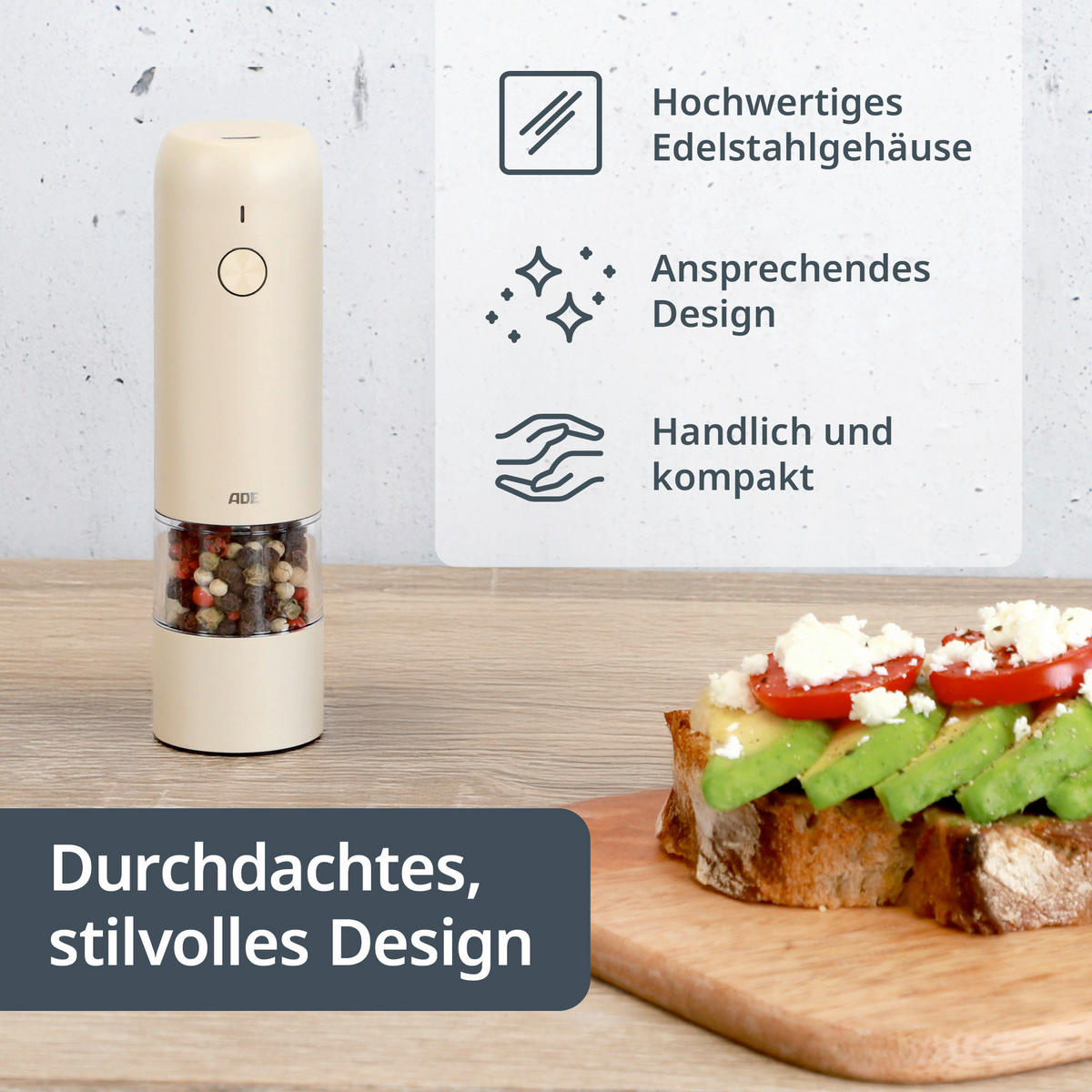 ELEKTR. SALZ-/PFEFFERMÜHLE  - Creme, Basics, Kunststoff/Metall (3,8/3,8/14cm) - ADE