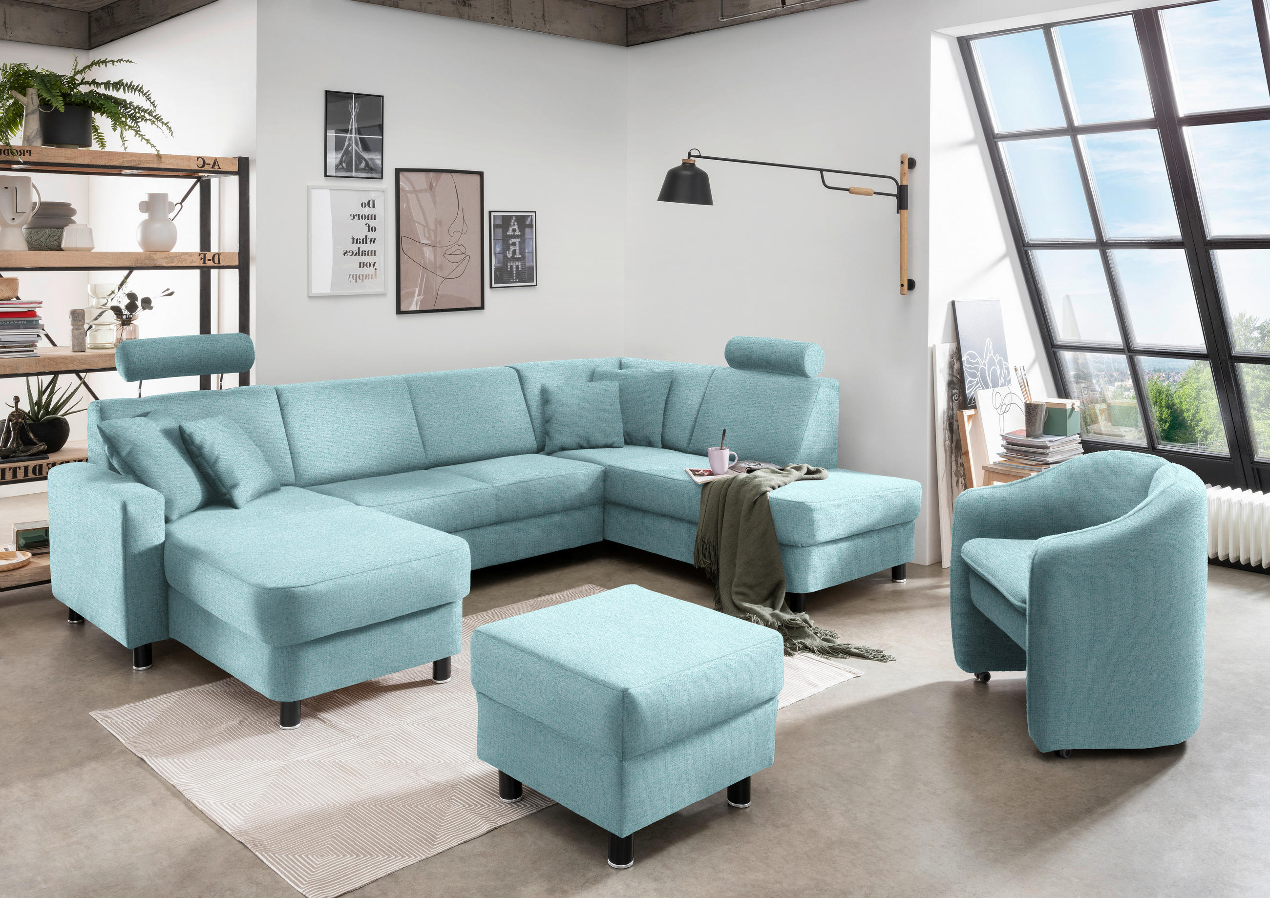 WOHNLANDSCHAFT in Webstoff Türkis  - Türkis/Schwarz, Design, Holz/Textil (165/296/198cm) - Xora