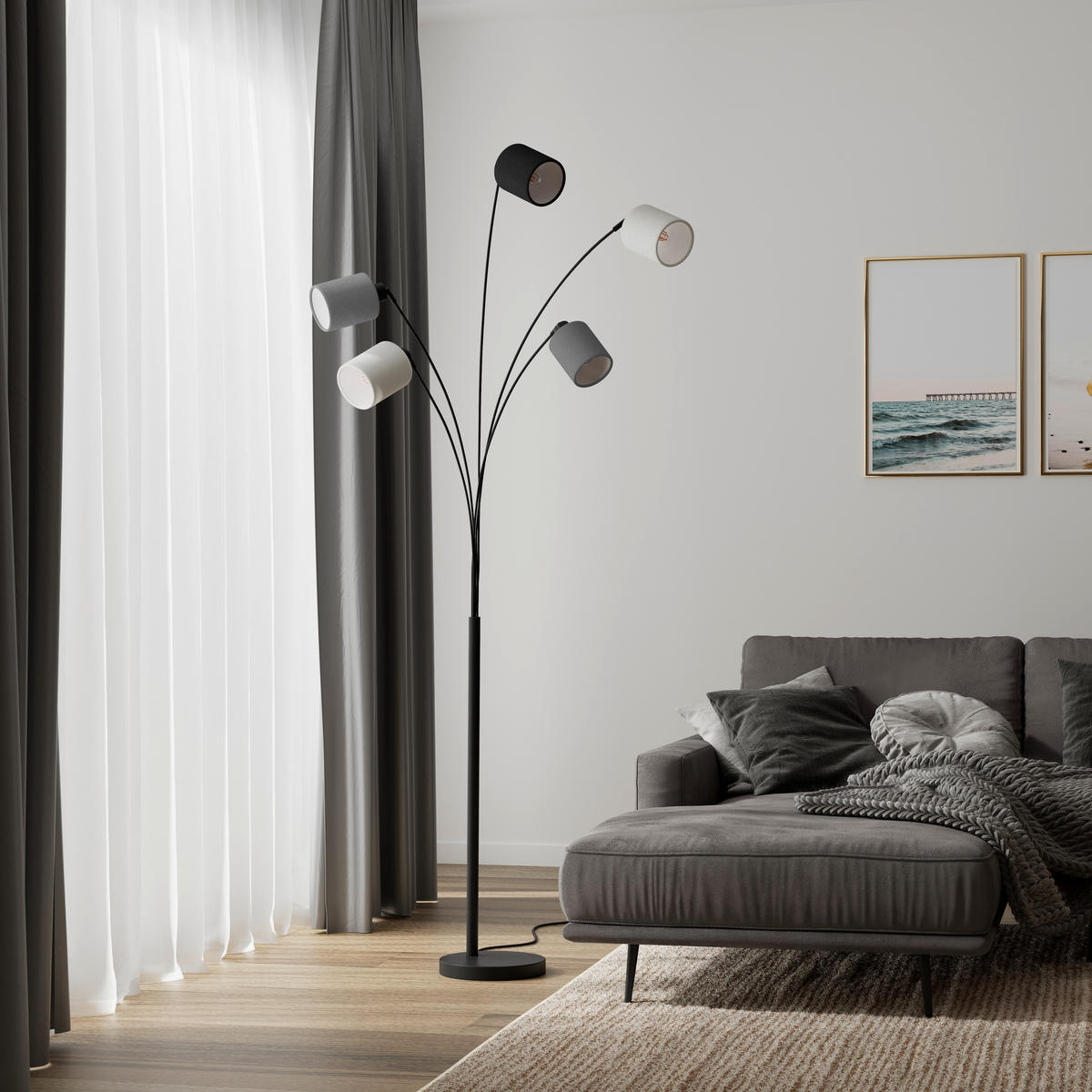 STOJACÍ LAMPA, 90/200 cm  - šedá/černá, Design, kov/textil (90/200cm) - Novel