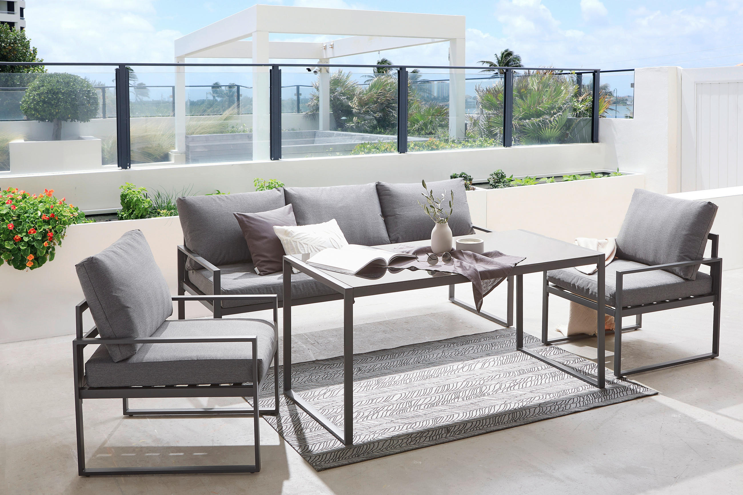 DINING-LOUNGESET 4-teilig   317/67/139 cm Stahl  - Anthrazit/Schwarz, MODERN, Glas/Textil (317/67/139cm) - Ambia Garden