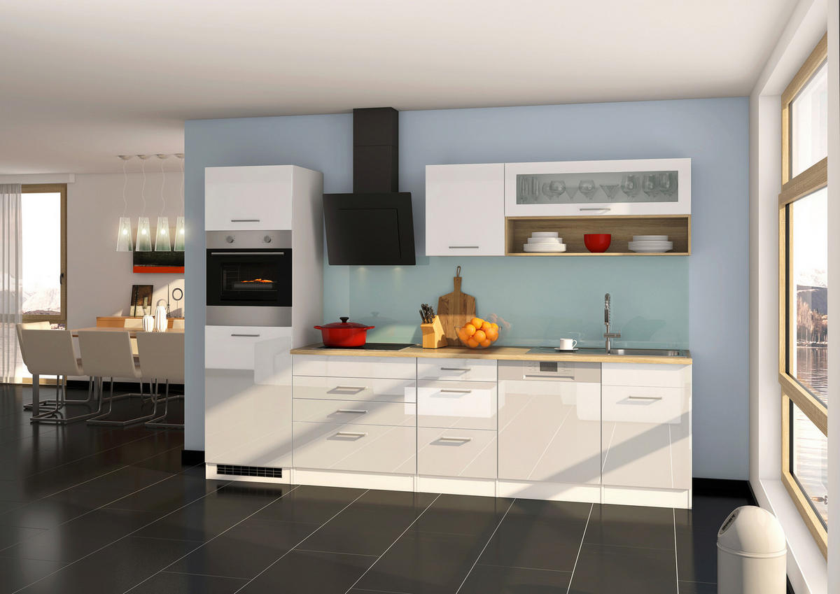 KÜCHENLEERBLOCK 300 cm   in Weiß Hochglanz  - Weiß Hochglanz/Silberfarben, MODERN, Holzwerkstoff/Metall (300cm) - Held