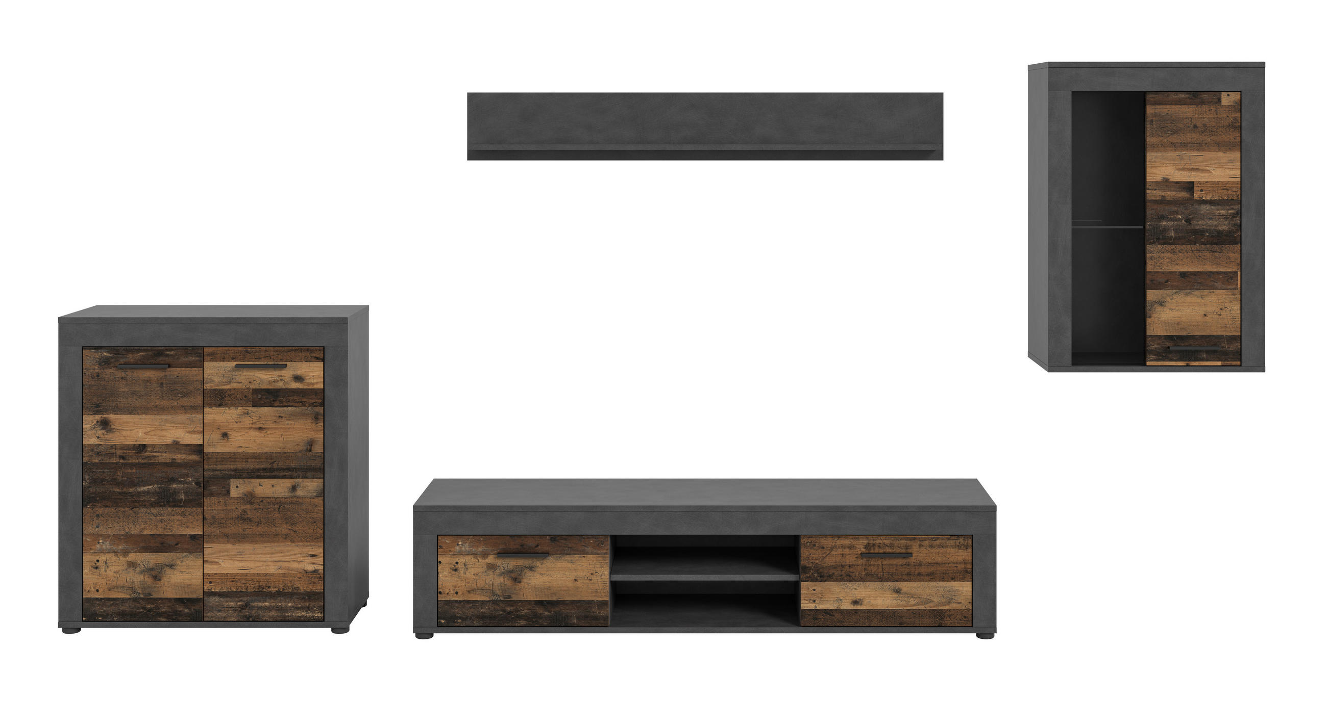 Set Mobilă Living, 4 piese, gri, culoare natur, 330/169/35 cm