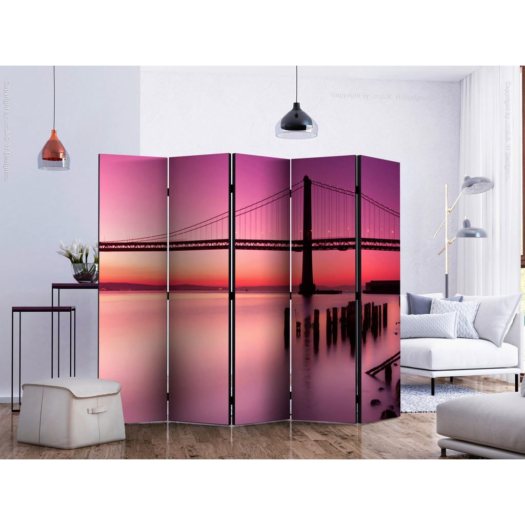 Thumbnail - artgeist Paravent, Schwarz, Violett, Holz, Textil, Kiefer, massiv, Skyline, 225x172x3 cm, Motiv auf Vorder- und Rückseit...