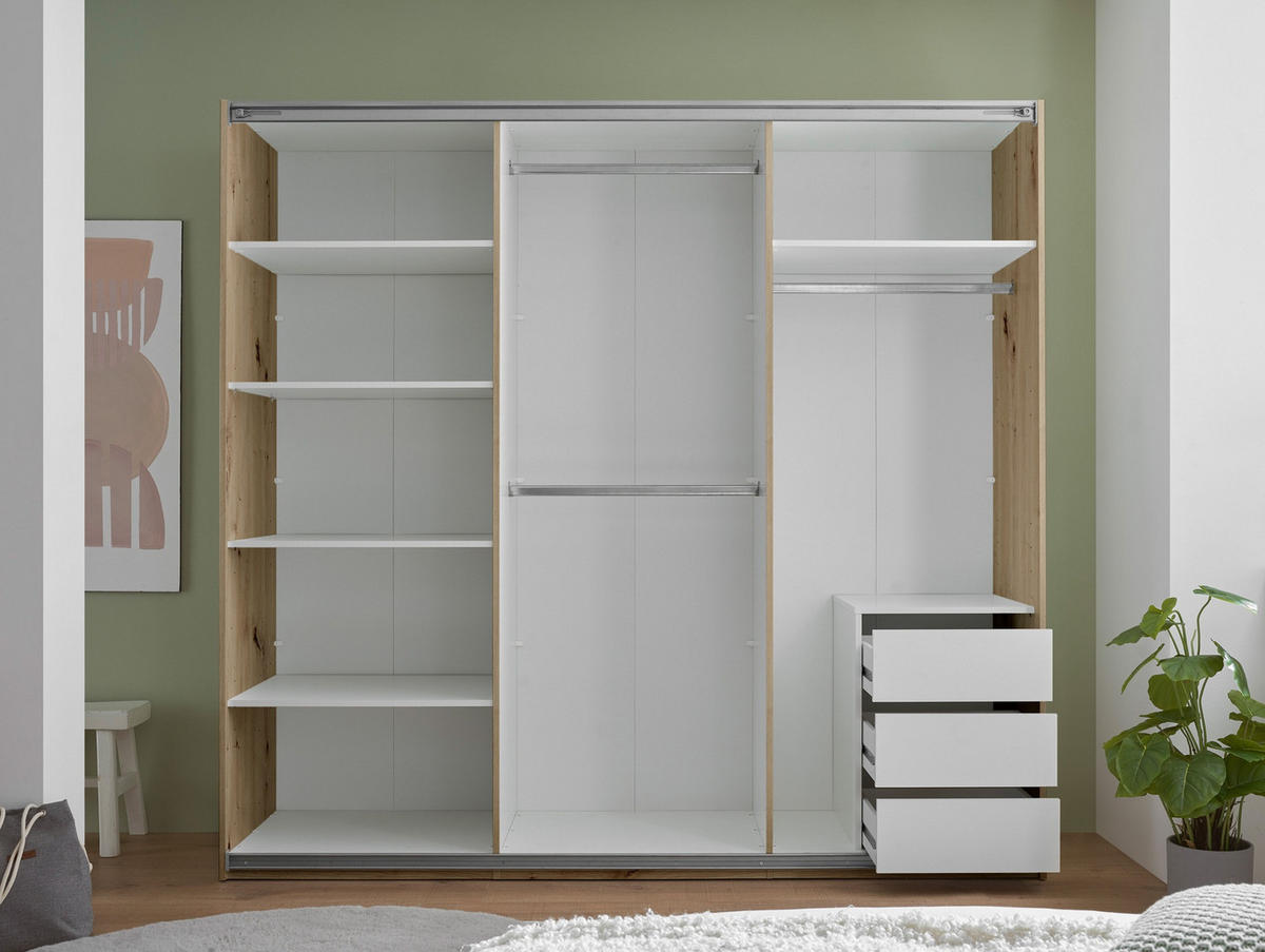 Dulap Cu Uși Culisante, 215/204/63 cm, stejar Artisan - alb/cașmir, Basics, sticlă/metal (215/204/63cm) - Carryhome