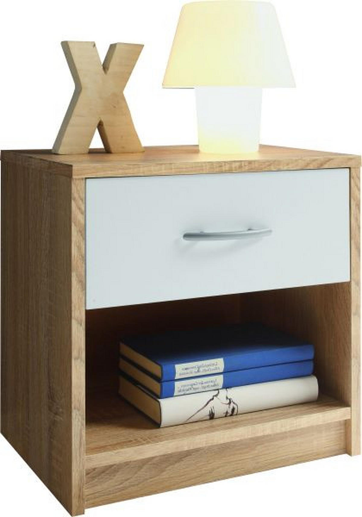 Noptieră, 39/41/28 cm, alb, stejar Sonoma - stejar Sonoma/alb, Konventionell, plastic/material pe bază de lemn (39/41/28cm) - Boxxx