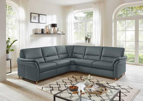 ECKSOFA in Echtleder Blaugrau  - Eichefarben/Beige, Konventionell, Leder/Holz (262/262cm) - Beldomo Premium