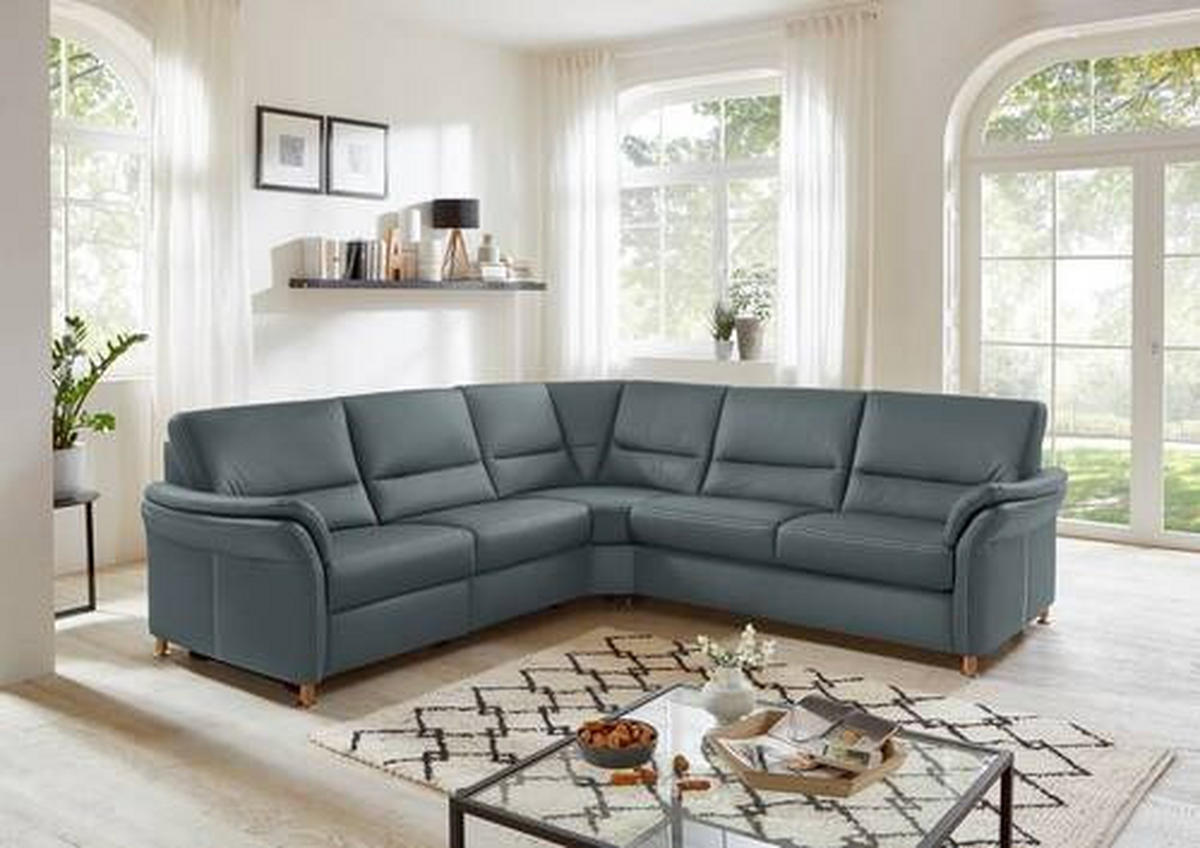 ECKSOFA in Echtleder Blaugrau  - Eichefarben/Beige, Konventionell, Leder/Holz (262/262cm) - Beldomo Premium