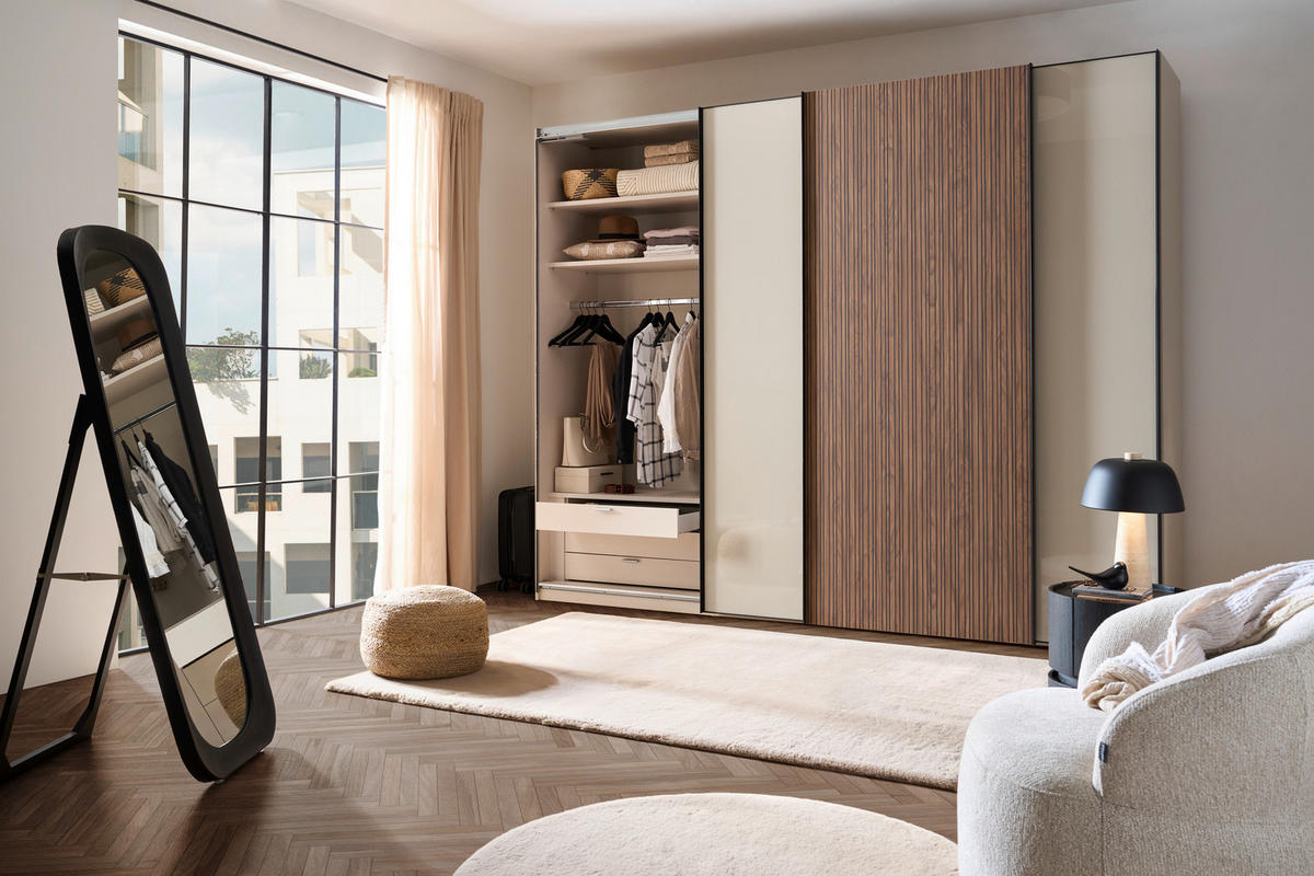 SCHWEBETÜRENSCHRANK Sandfarben, Eichefarben  - Sandfarben/Eichefarben, Design, Glas/Holzwerkstoff (298/240/68cm) - Dieter Knoll