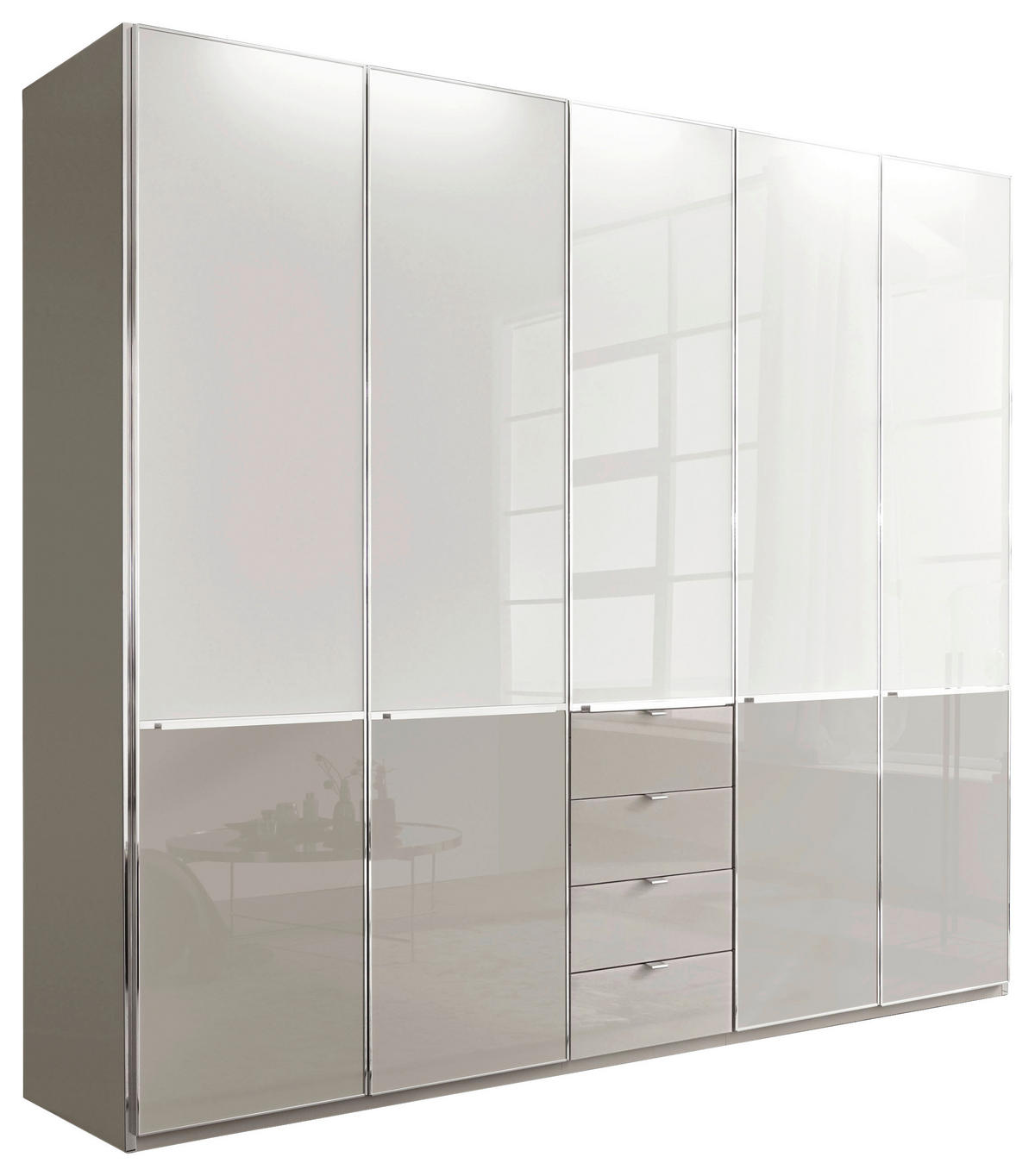 DREHTÜRENSCHRANK 250/216/58 cm,  in Grau, Weiß, 5-türig  - Chromfarben/Weiß, Design, Glas/Holzwerkstoff (250/216/58cm) - Novel