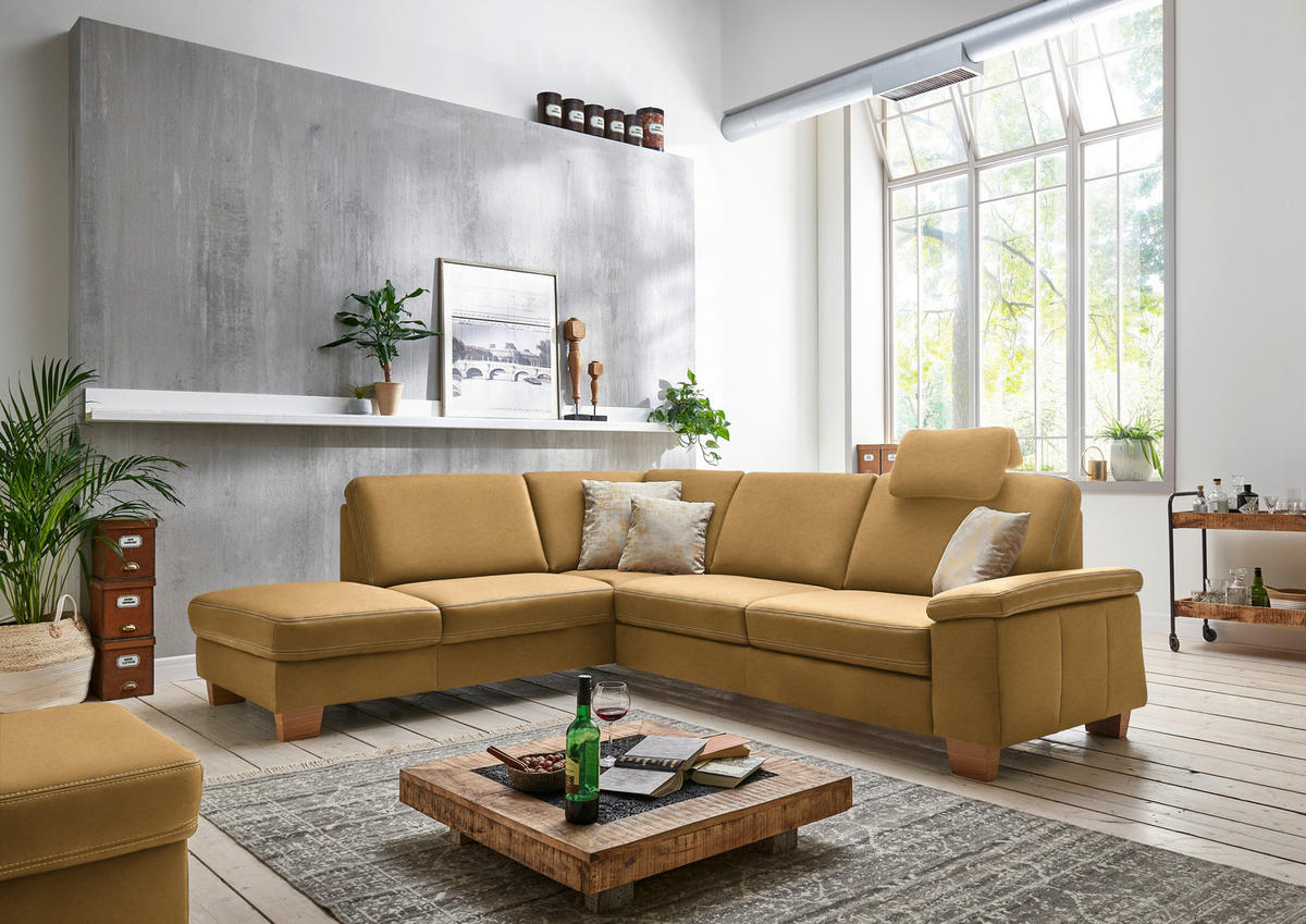 ECKSOFA  in Echtleder Currygelb  235/274 cm  - Currygelb/Eichefarben, KONVENTIONELL, Leder/Holzwerkstoff (235/274cm) - Beldomo Premium
