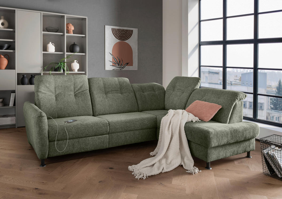 ECKSOFA in Chenille Dunkelgrün  - Dunkelgrün/Schwarz, Modern, Textil/Metall (270/198cm) - Livetastic