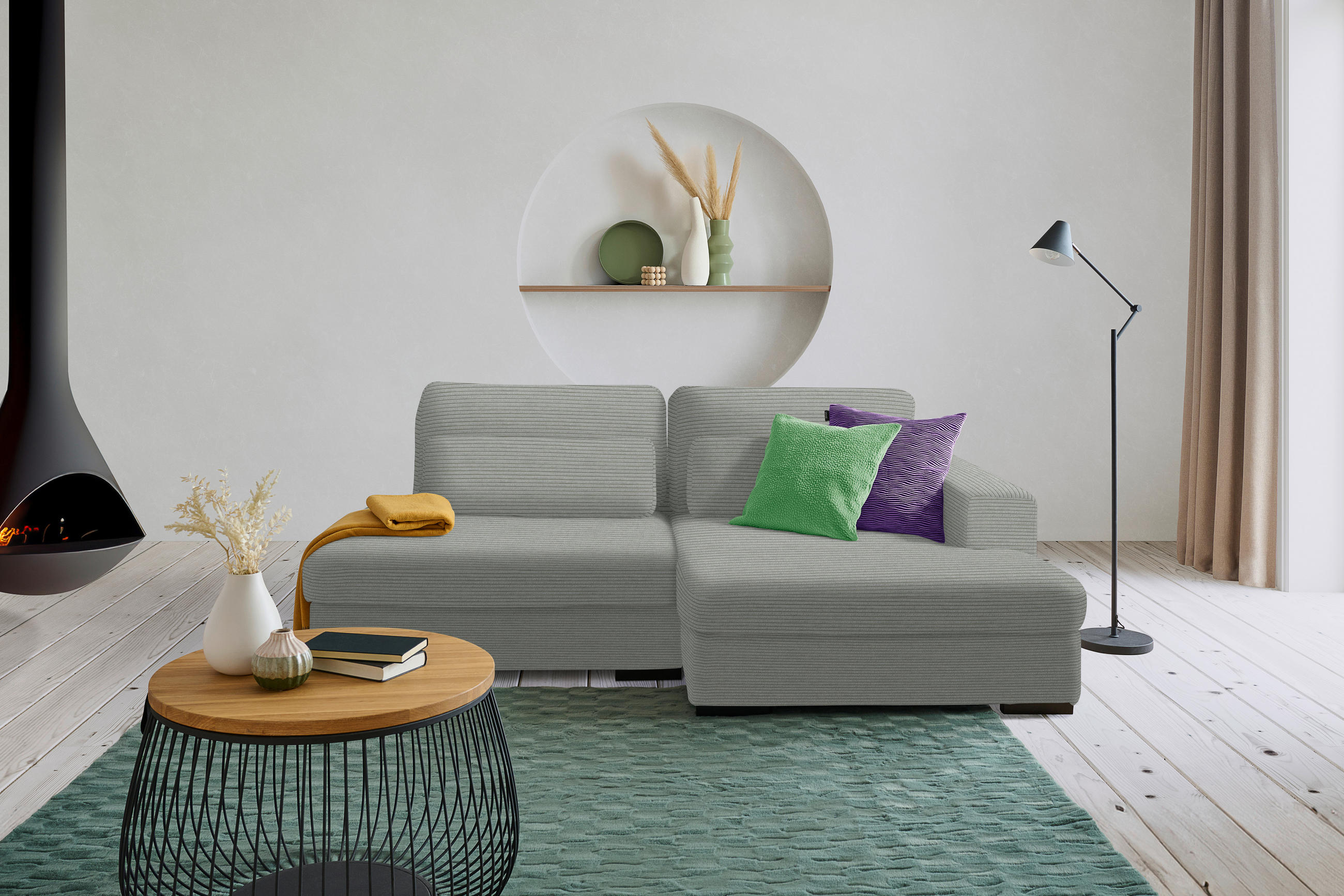 ECKSOFA in Cord, Velours Hellgrau  - Hellgrau/Schwarz, Design, Kunststoff/Textil (223/158cm) - Lomoco