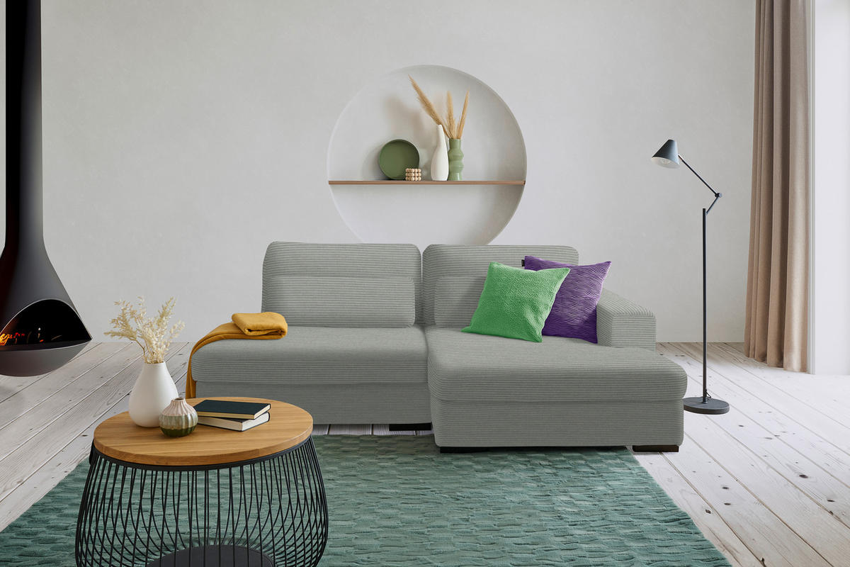 ECKSOFA in Cord, Velours Hellgrau  - Hellgrau/Schwarz, Design, Kunststoff/Textil (223/158cm) - Lomoco