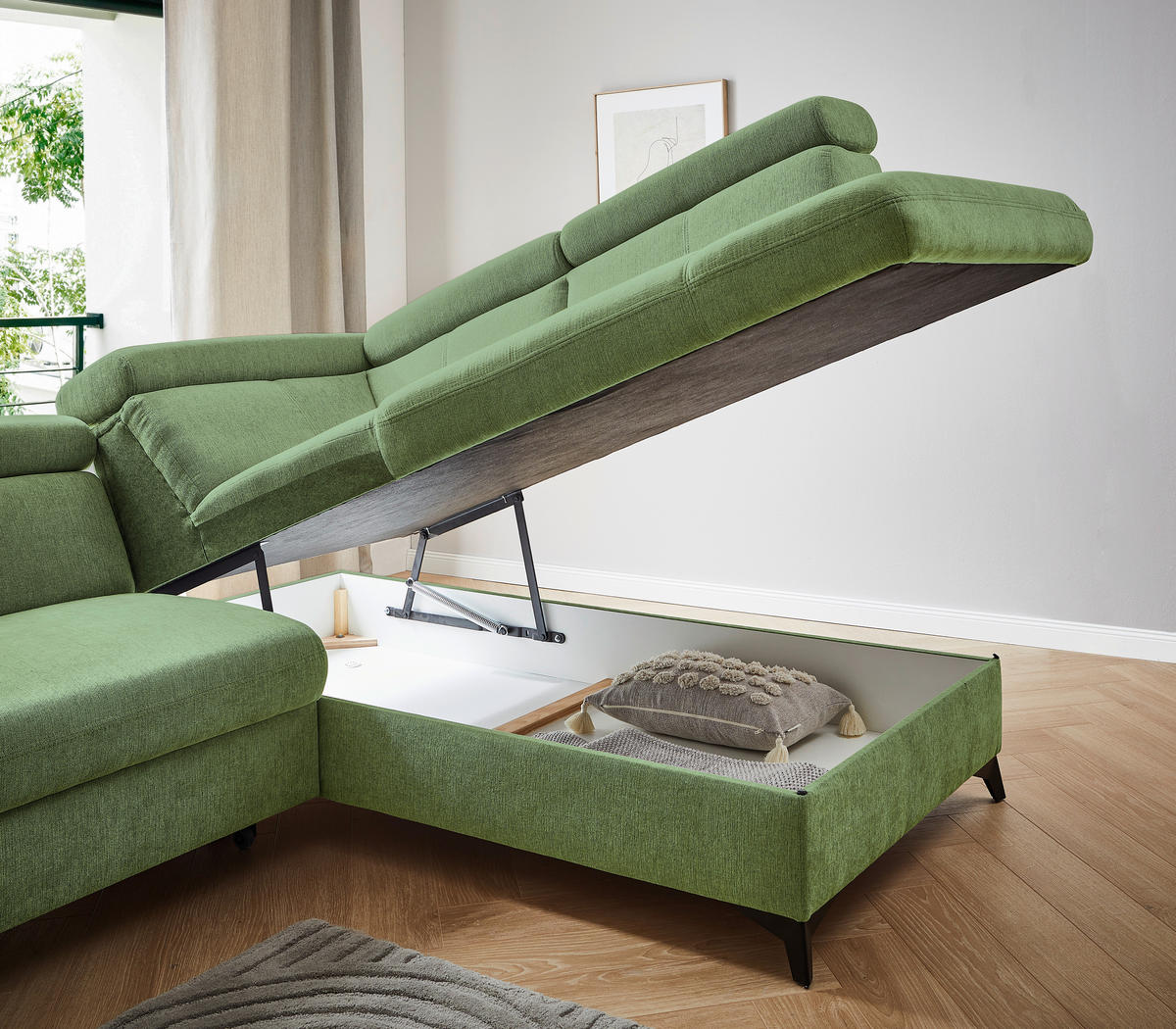 Ecksofa inkl. Funktionen in Chenille Hellgrün  - Schwarz/Hellgrün, Design, Textil/Metall (260/203cm) - Stylife