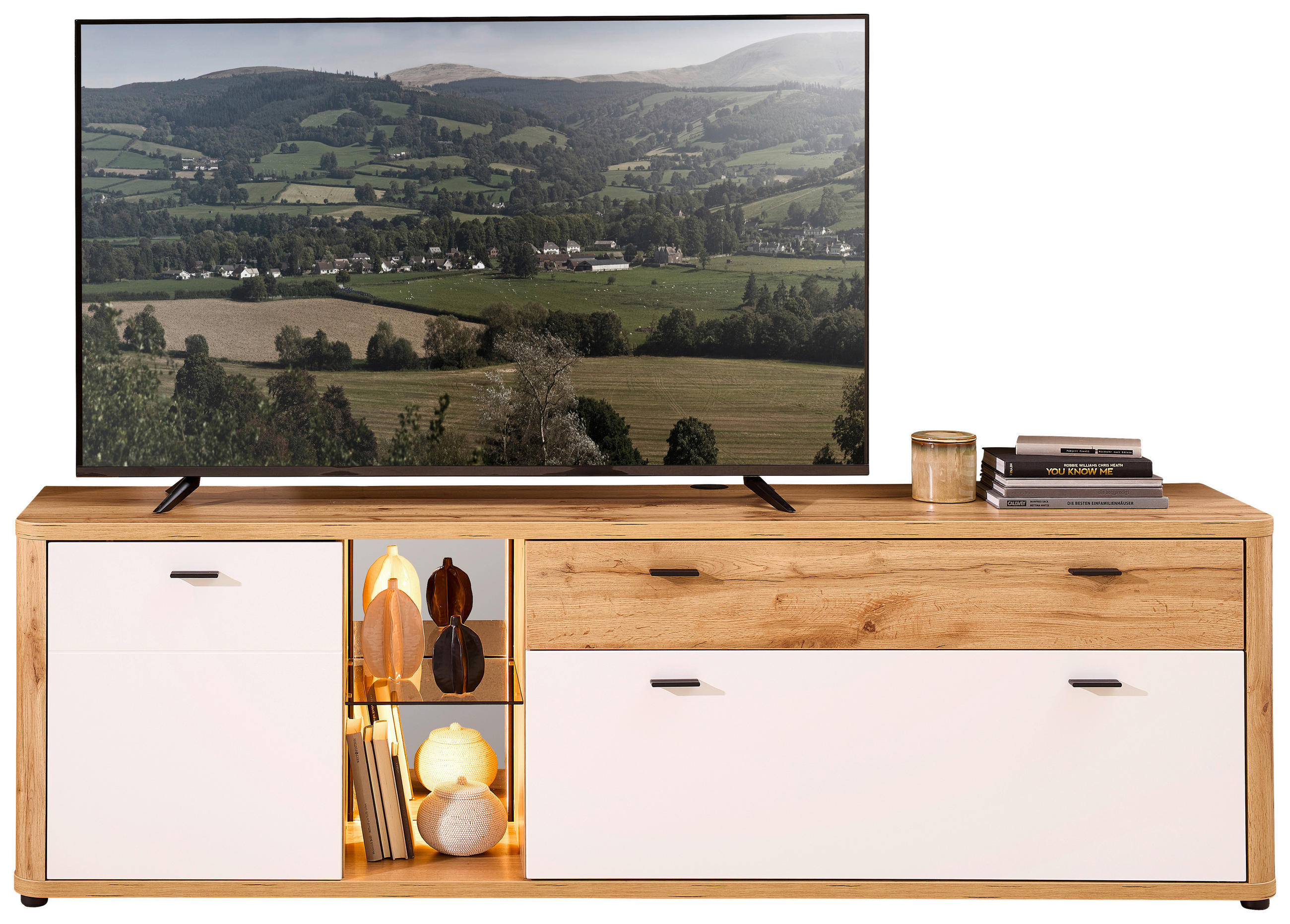 TV-ELEMENT Weiß, Eiche Wotan  210/65/45 cm  - Anthrazit/Eiche Wotan, MODERN, Glas/Holzwerkstoff (210/65/45cm) - Stylife