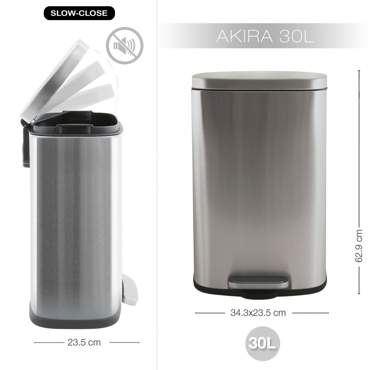 TRETEIMER 30 l  Metall  - Silberfarben/Schwarz, Basics, Kunststoff/Metall (34,3/23,5/62,9cm) - Spirella
