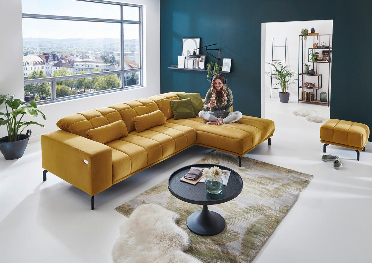 ECKSOFA in Velours Currygelb  - Currygelb/Schwarz, Design, Textil/Metall (195/293cm) - Beldomo Style
