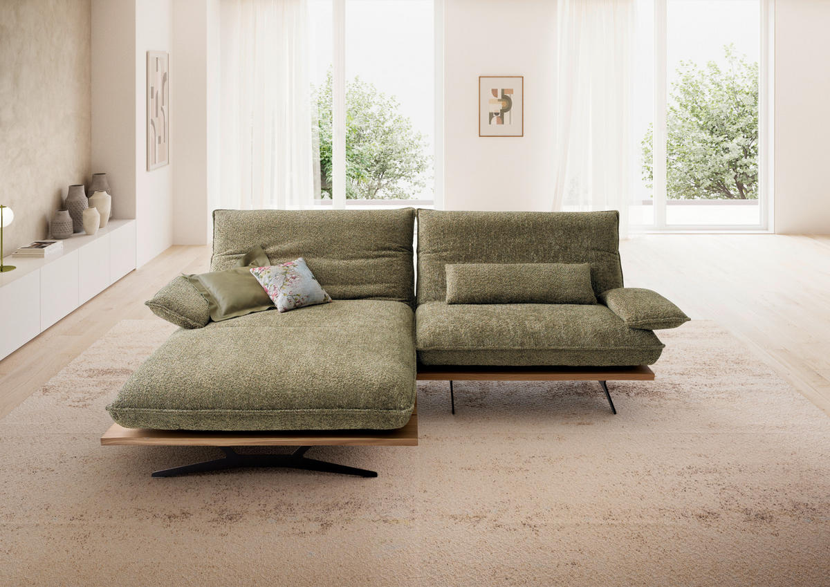 ECKSOFA Wildeiche, Graugrün Chenille, Flachgewebe Rücken echt, Armteilverstellung, Relaxfunktion, Drehsitzfunktion  - Wildeiche/Schwarz, Design, Holz/Textil (161/284cm) - Koinor