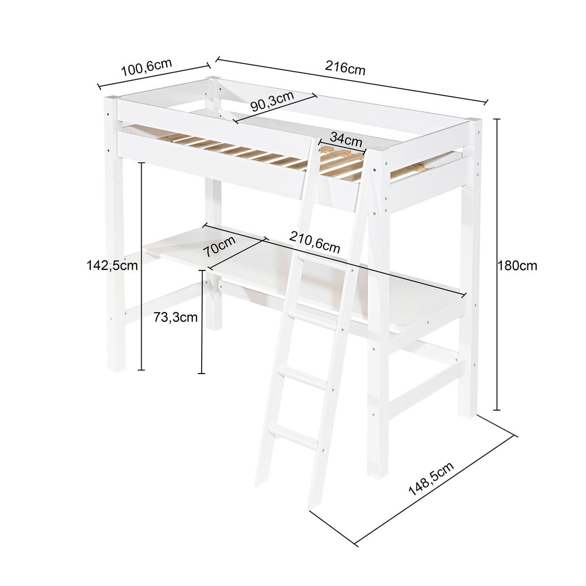 HOCHBETT 90/200 cm Weiß Weiß  - Naturfarben/Weiß, LIFESTYLE, Holz (90/200cm) - MID.YOU