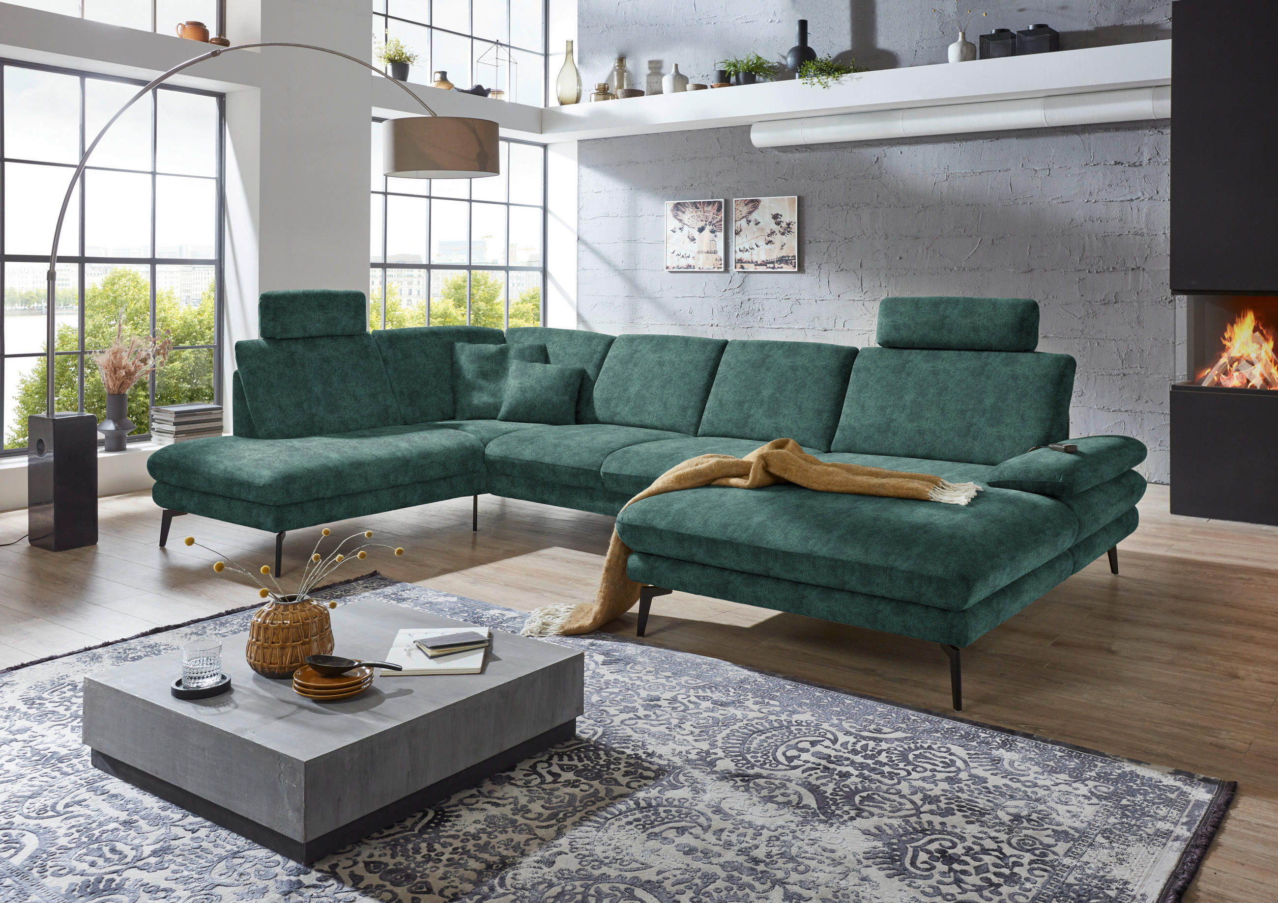 WOHNLANDSCHAFT in Velours Blau, Grün  - Blau/Schwarz, Design, Textil/Metall (208/344/180cm) - Dieter Knoll