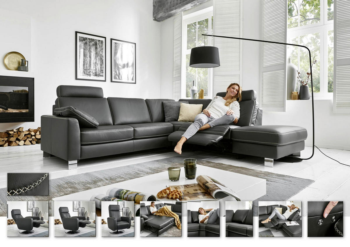 ECKSOFA  in Echtleder Anthrazit  - Chromfarben/Anthrazit, Design, Leder/Metall (272/245cm) - Valdera