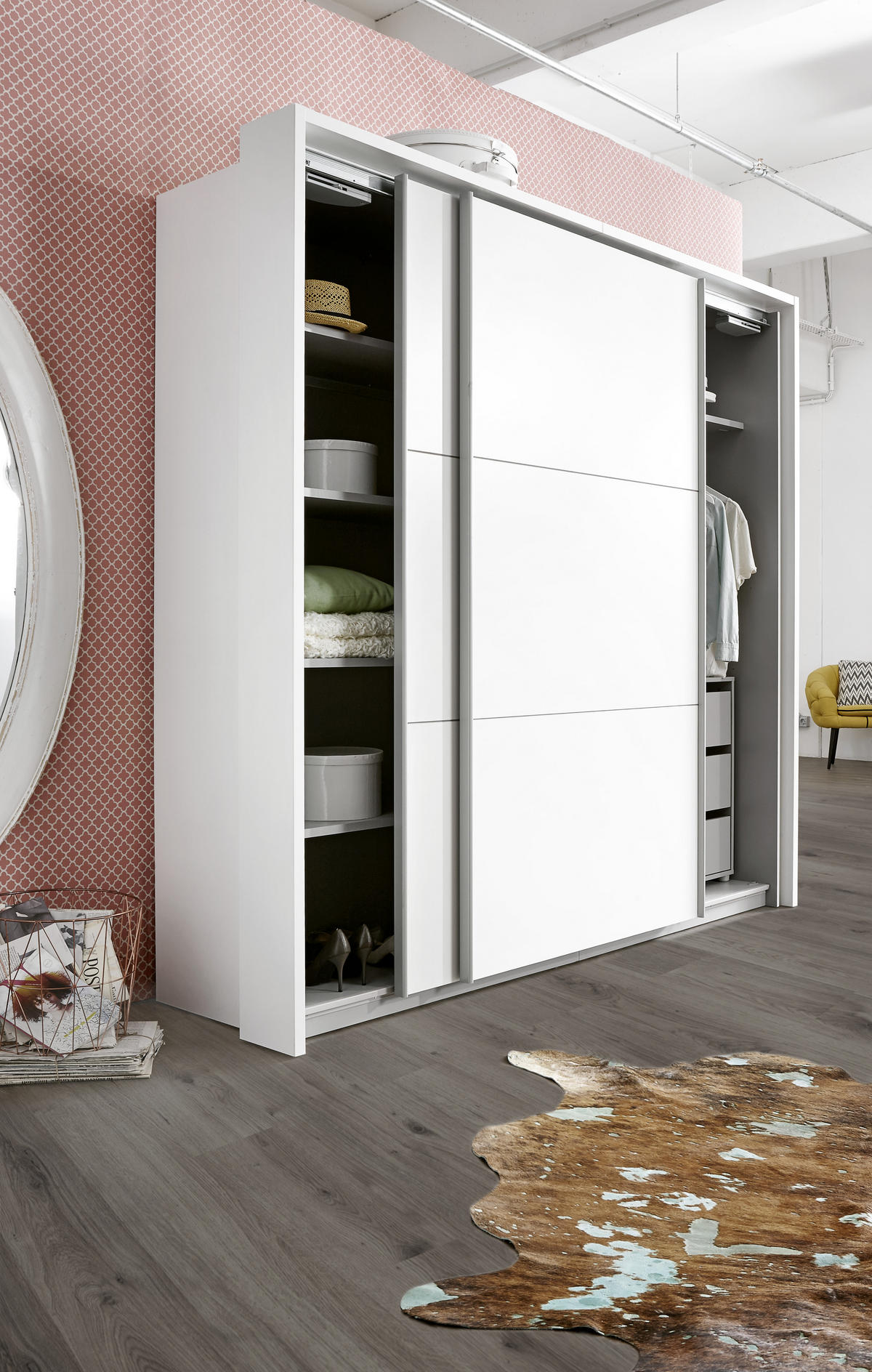 DULAP CU UȘI CULISANTE in alb  - alb/culoare aluminiu, Design, metal/material pe bază de lemn (270/210/61cm) - Carryhome