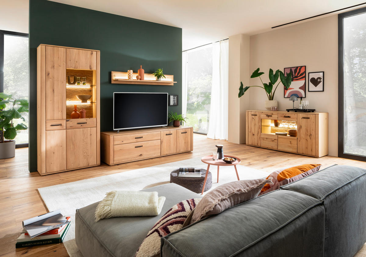 WOHNWAND  in Eichefarben 302/208/50 cm  - Eichefarben/Anthrazit, Konventionell, Glas/Holz (302/208/50cm) - Cantus