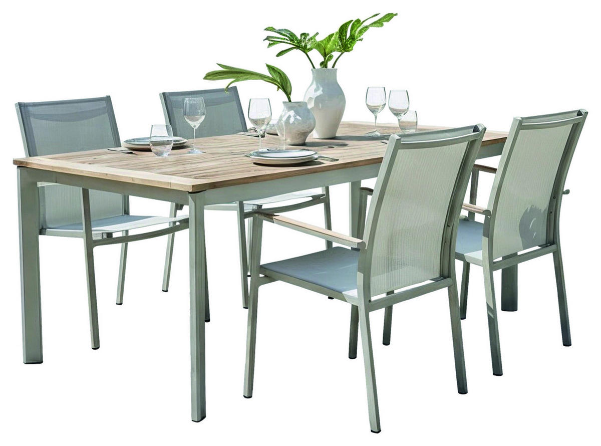 GARTENTISCHGRUPPE Flachgewebe Teakholzmassiv Aluminium  - Greige/Teakfarben, Basics, Holz/Textil - Stern