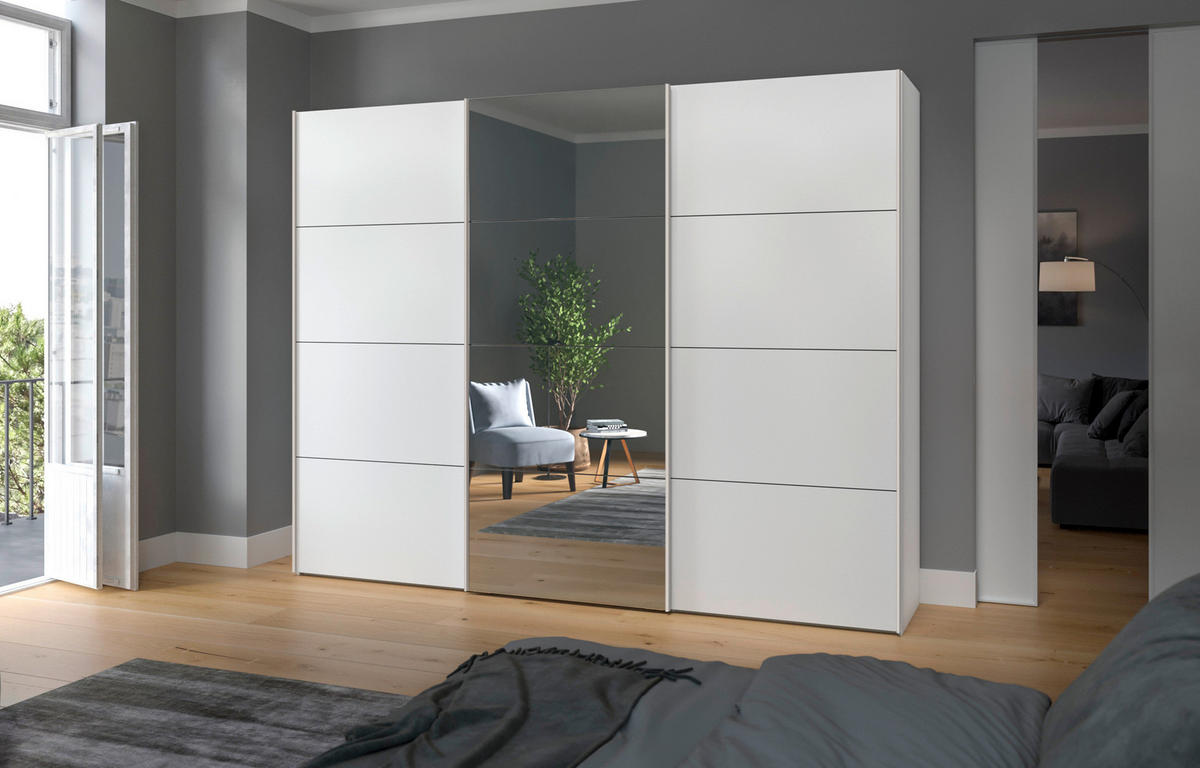 SCHWEBETÜRENSCHRANK  in Weiß  - Edelstahlfarben/Weiß, Design, Glas/Holzwerkstoff (303/236/65cm) - Carryhome